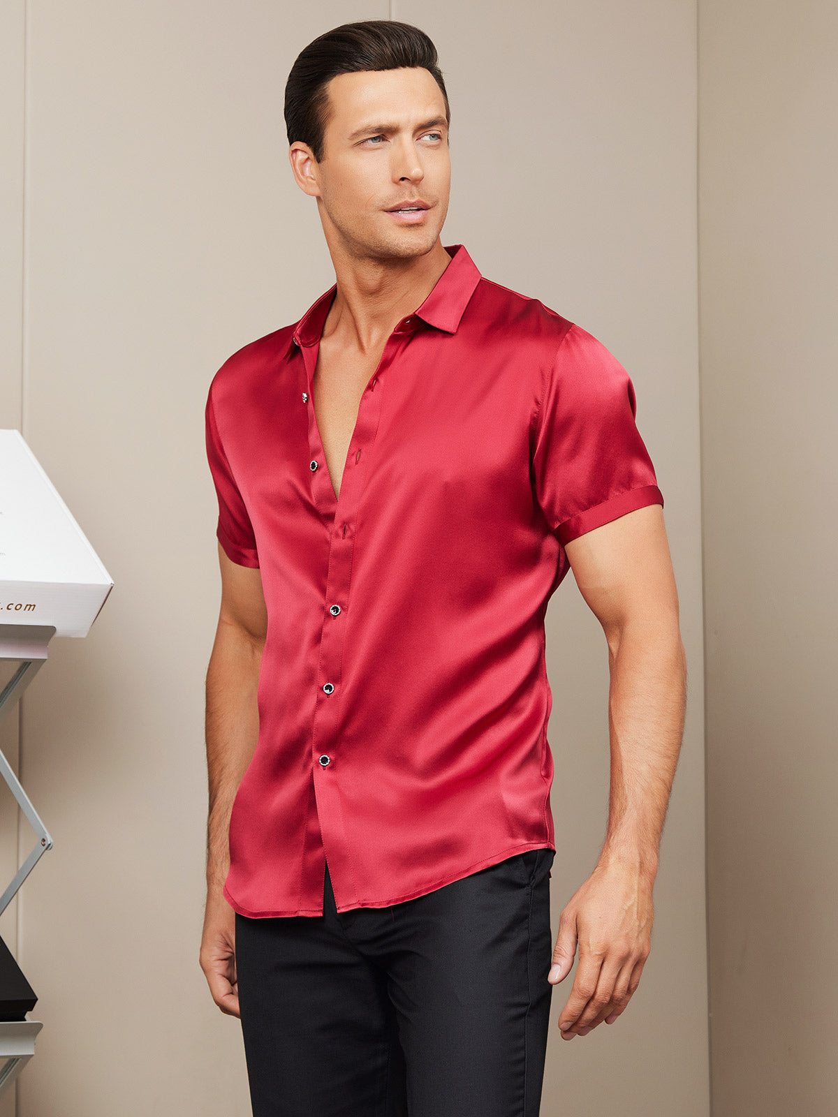 [Red] SilkSilky-AU Silk Short Sleeve Collar Men's Shirt 006