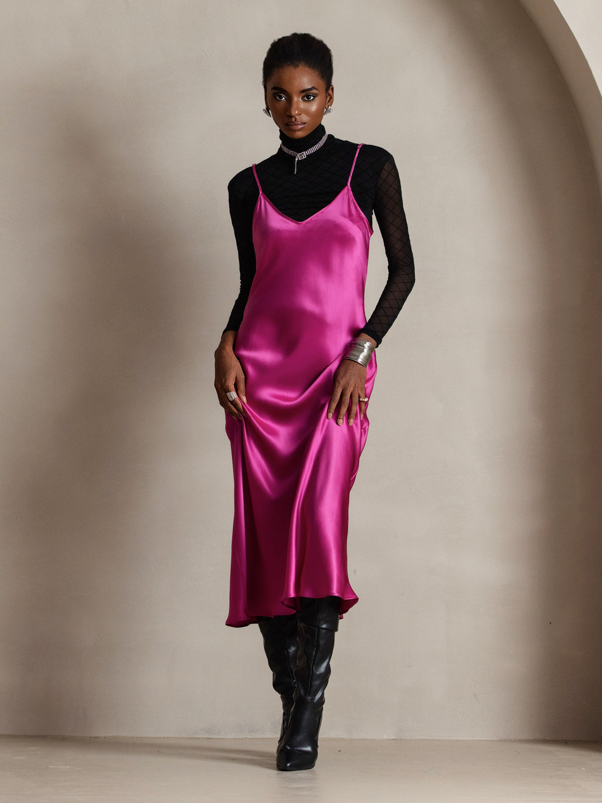 [Rose Red] SilkSilky-AU Pure Silk Round Neck Dress 006