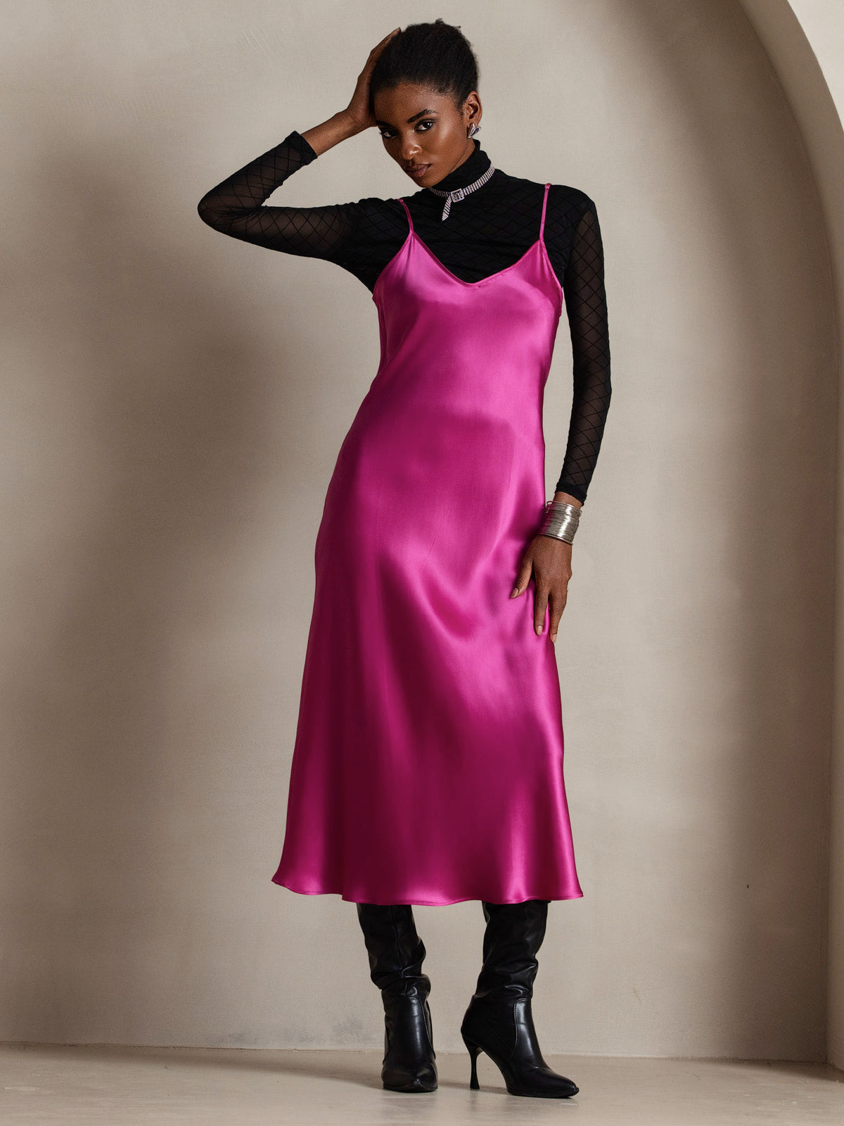 [Rose Red] SilkSilky-AU Pure Silk Sleeveless Round Neck Dress 001