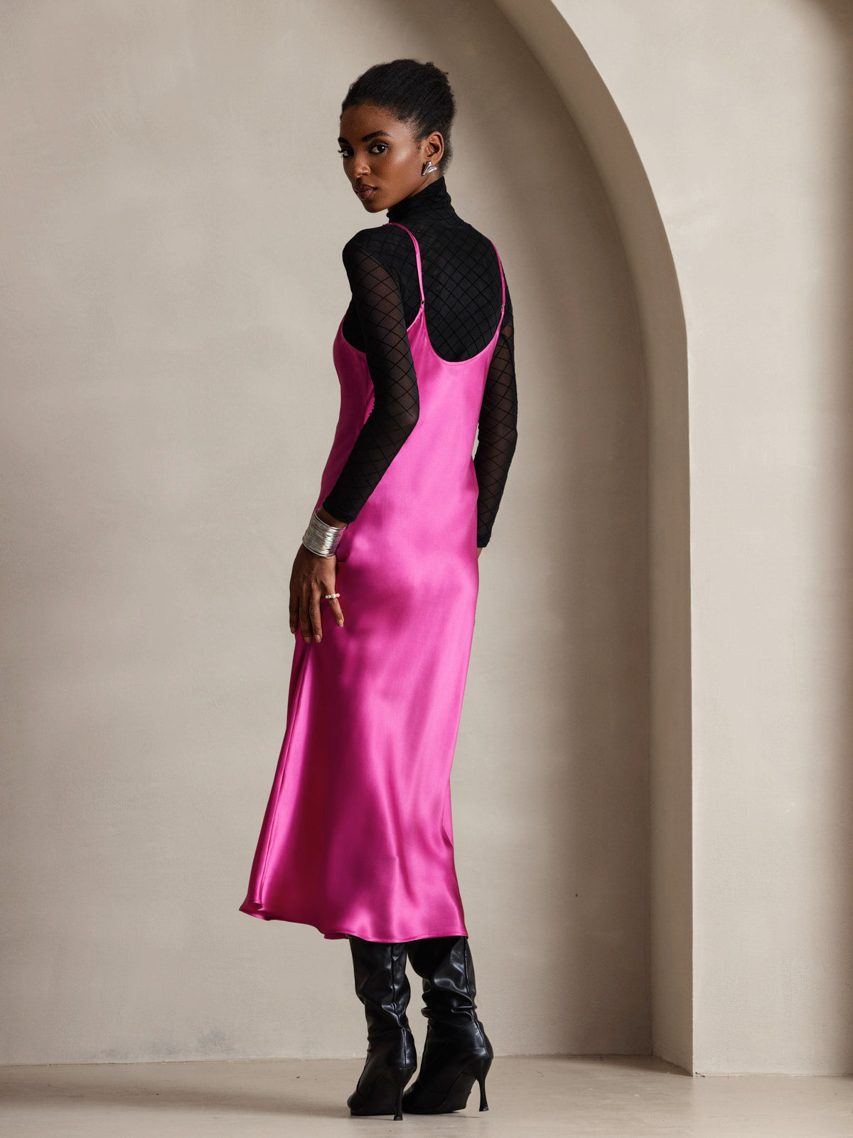 [Rose Red] SilkSilky-AU Pure Silk Sleeveless Round Neck Dress 002