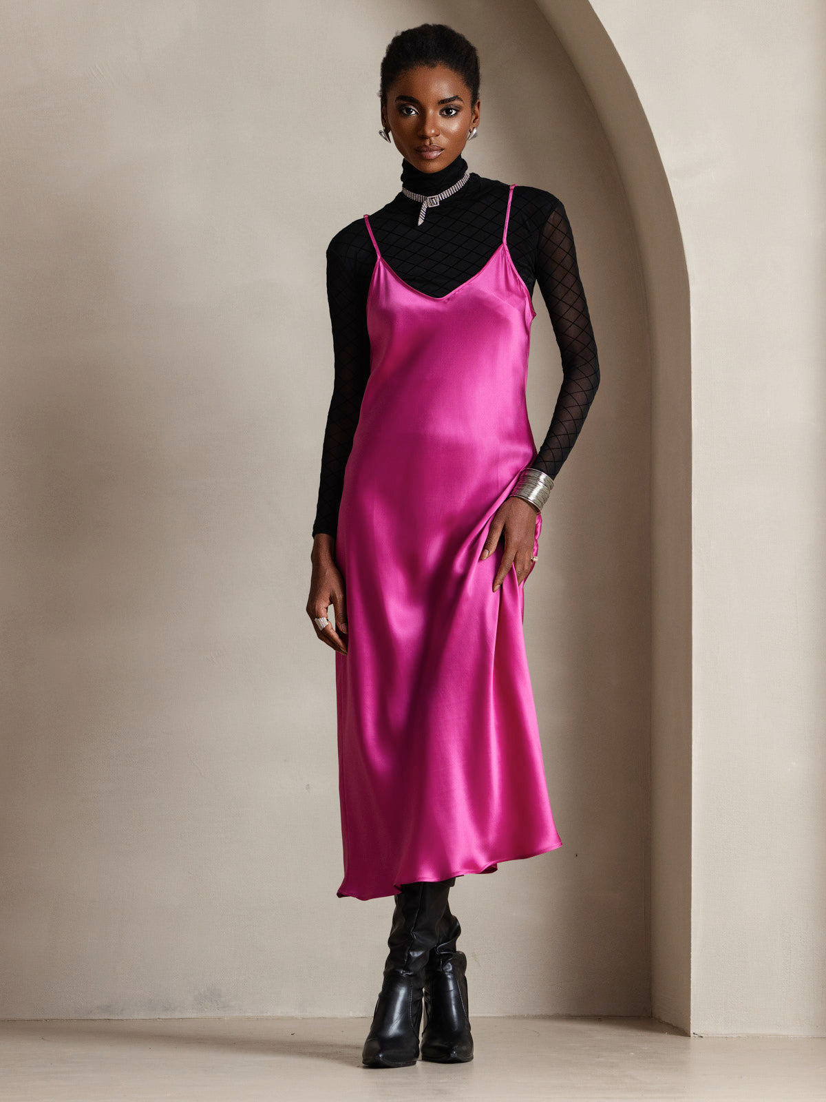 [Rose Red] SilkSilky-AU Pure Silk Sleeveless Round Neck Dress 004