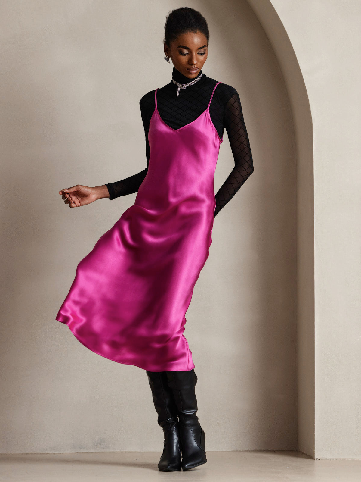 [Rose Red] SilkSilky-AU Pure Silk Sleeveless Round Neck Dress 005