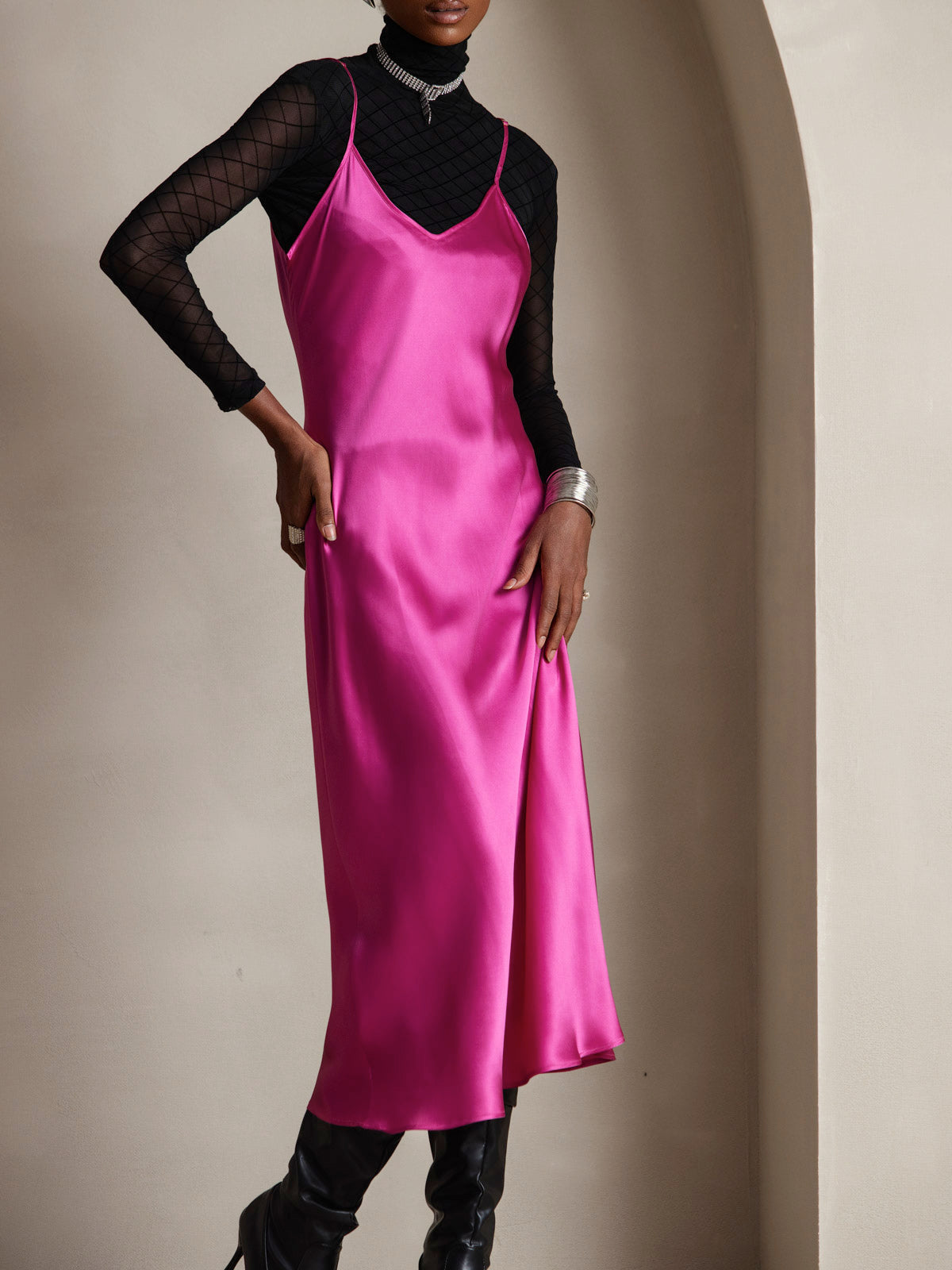 [Rose Red] SilkSilky-AU Pure Silk Sleeveless Round Neck Dress 006