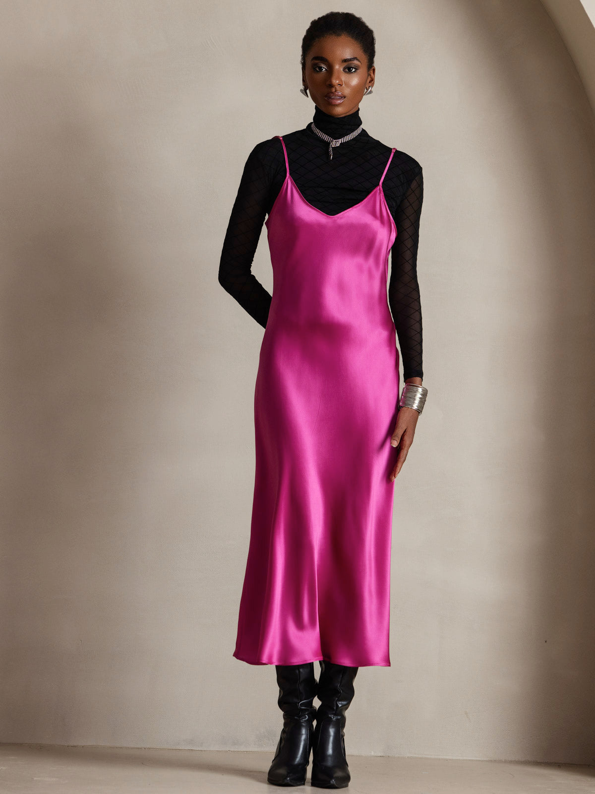 [Rose Red] SilkSilky-AU Pure Silk Sleeveless Round Neck Dress 007