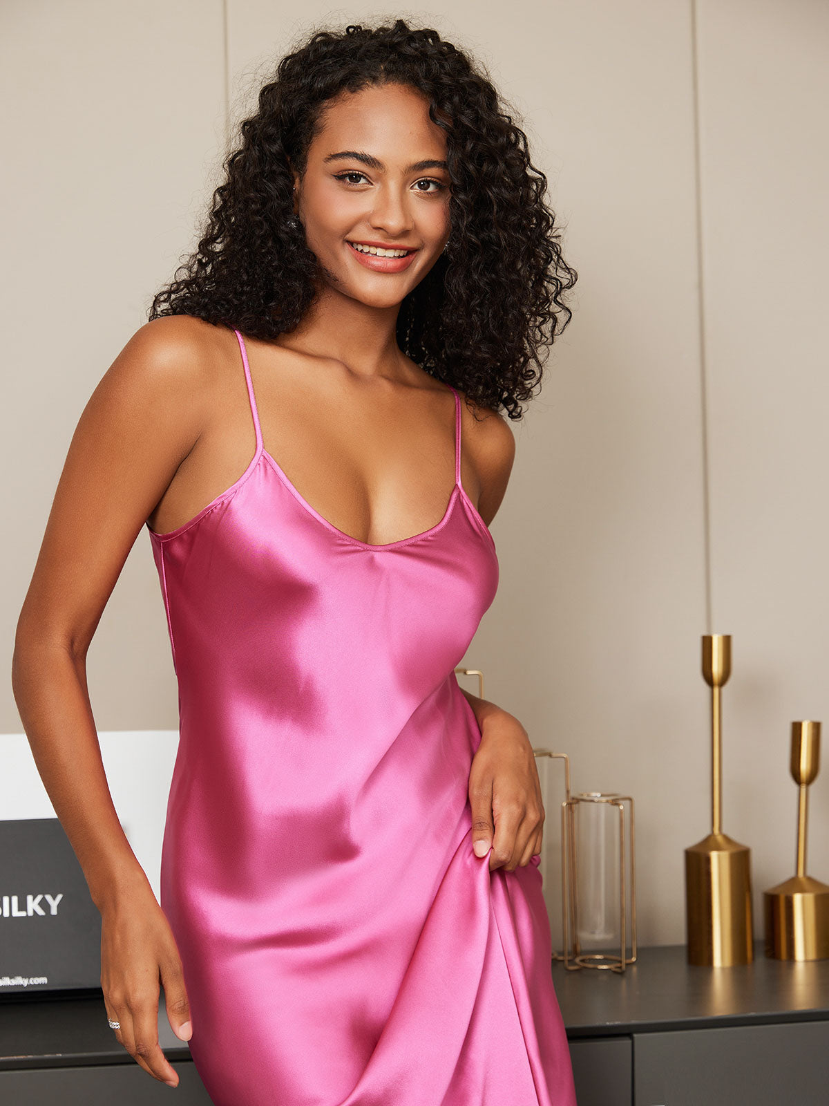 [Rose Red] SilkSilky-AU Pure Silk Sleeveless Round Neck Nightgown 005