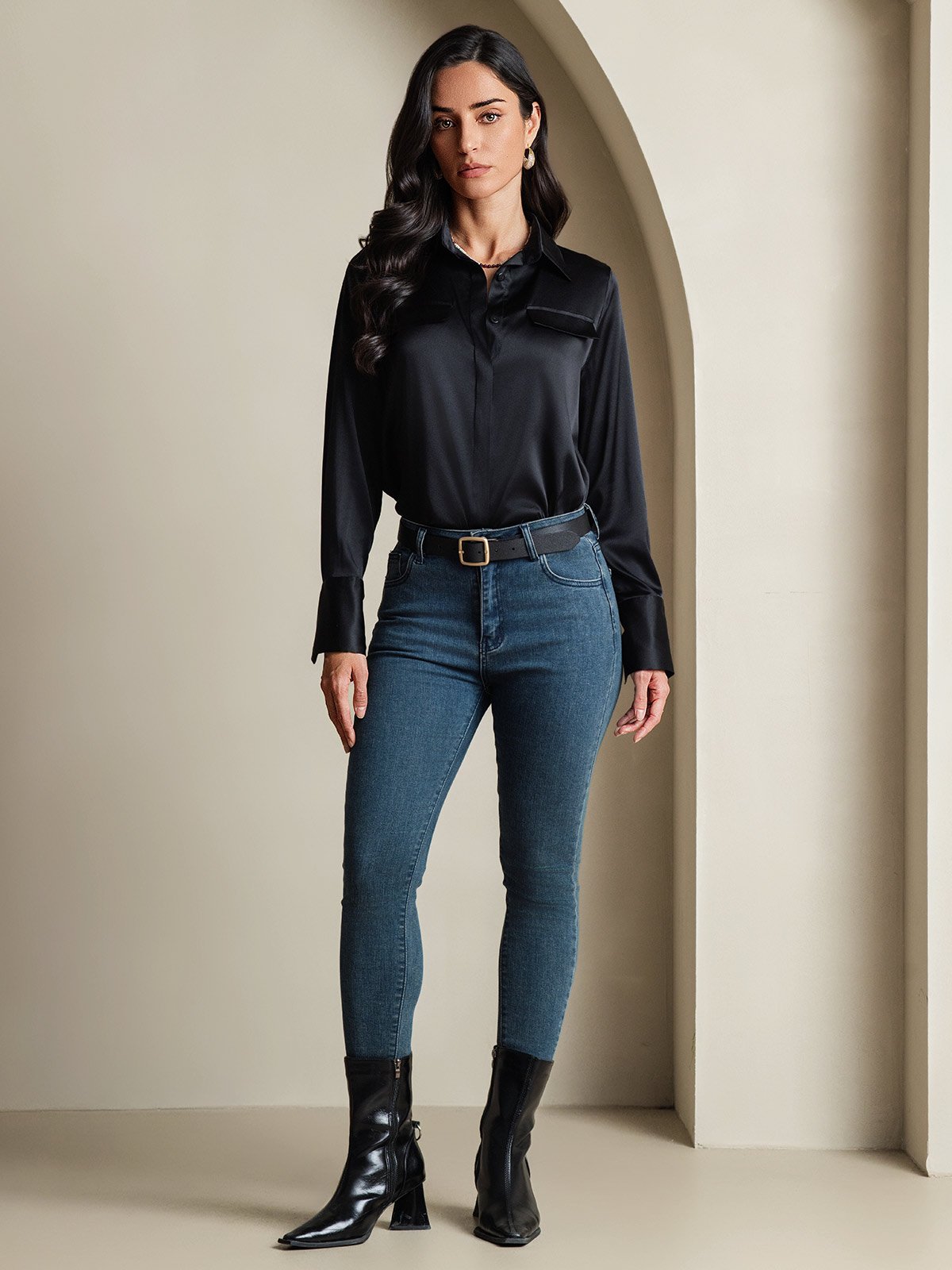 SilkSilky-AU 19Momme Silk Long Sleeve Collar Women's Shirt Black 001