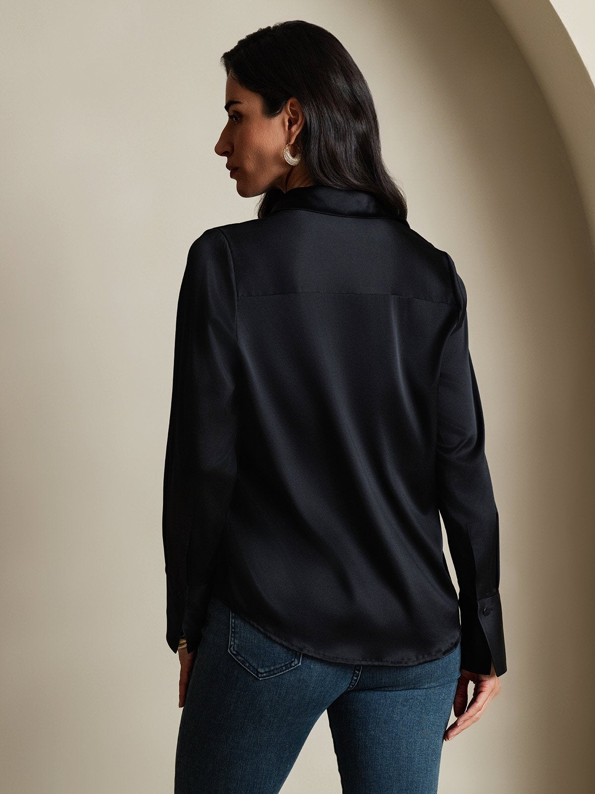 SilkSilky-AU 19Momme Silk Long Sleeve Collar Women's Shirt Black 002