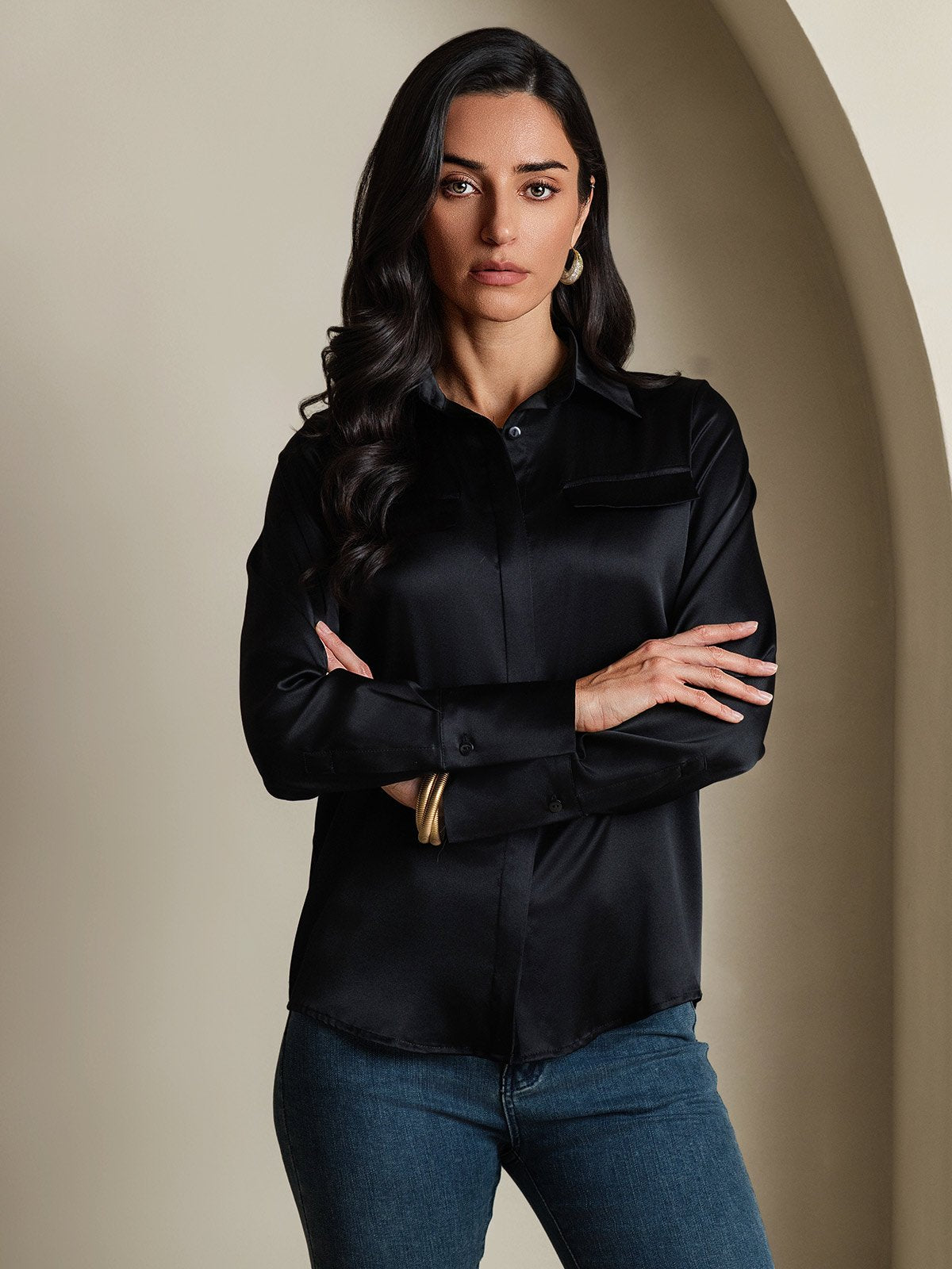 SilkSilky-AU 19Momme Silk Long Sleeve Collar Women's Shirt Black 003