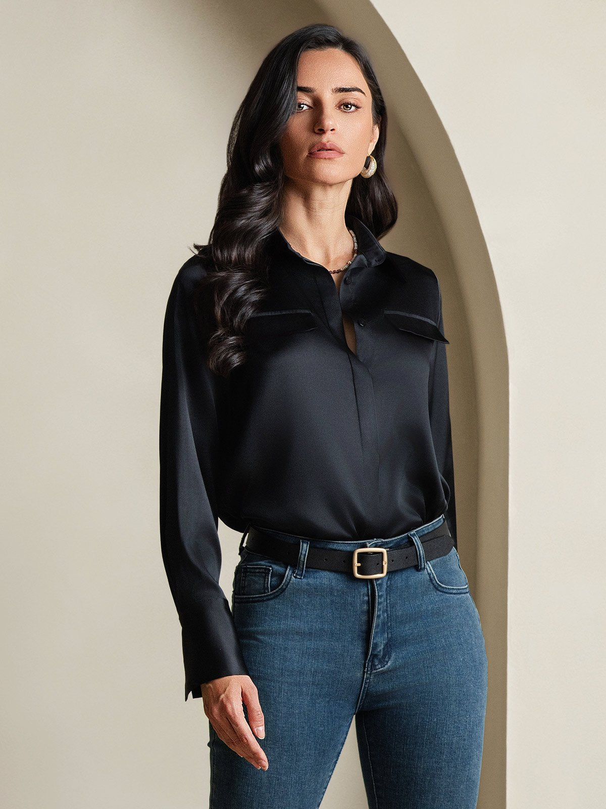 SilkSilky-AU 19Momme Silk Long Sleeve Collar Women's Shirt Black 004