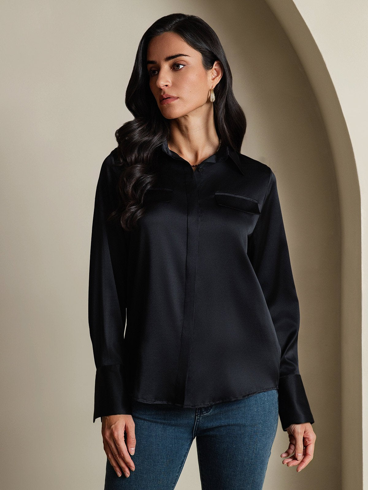 SilkSilky-AU 19Momme Silk Long Sleeve Collar Women's Shirt Black 005