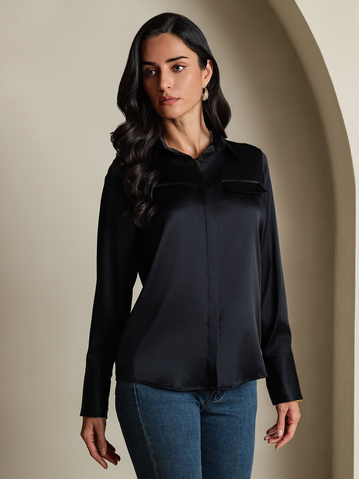 SilkSilky-AU 19Momme Silk Long Sleeve Collar Women's Shirt Black 006