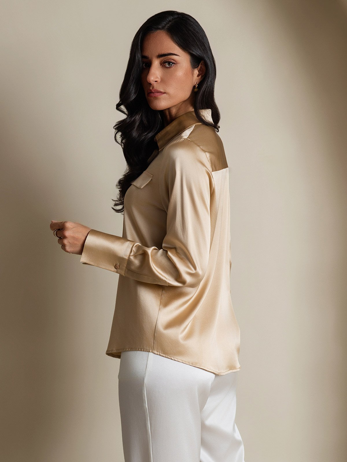 SilkSilky-AU 19Momme Silk Long Sleeve Collar Women's Shirt Champagne 002