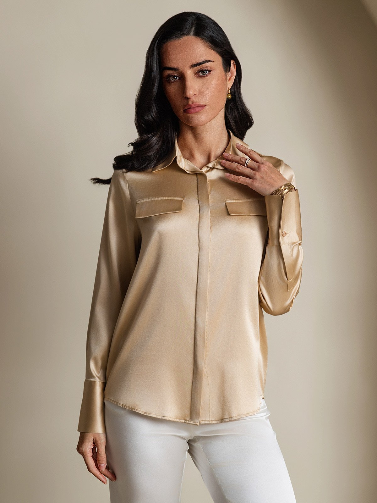 SilkSilky-AU 19Momme Silk Long Sleeve Collar Women's Shirt Champagne 004
