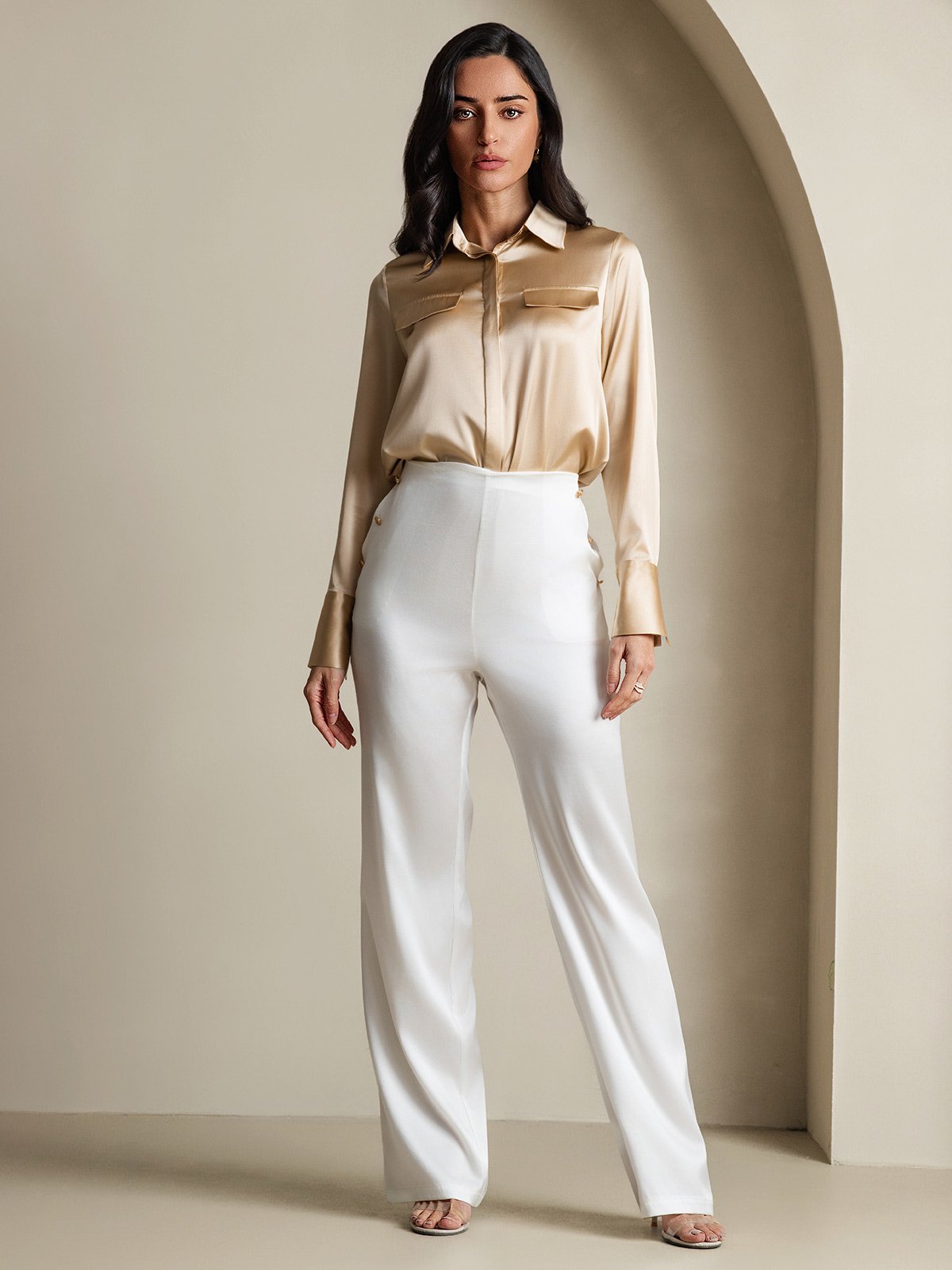 SilkSilky-AU 19Momme Silk Long Sleeve Collar Women's Shirt Champagne 007