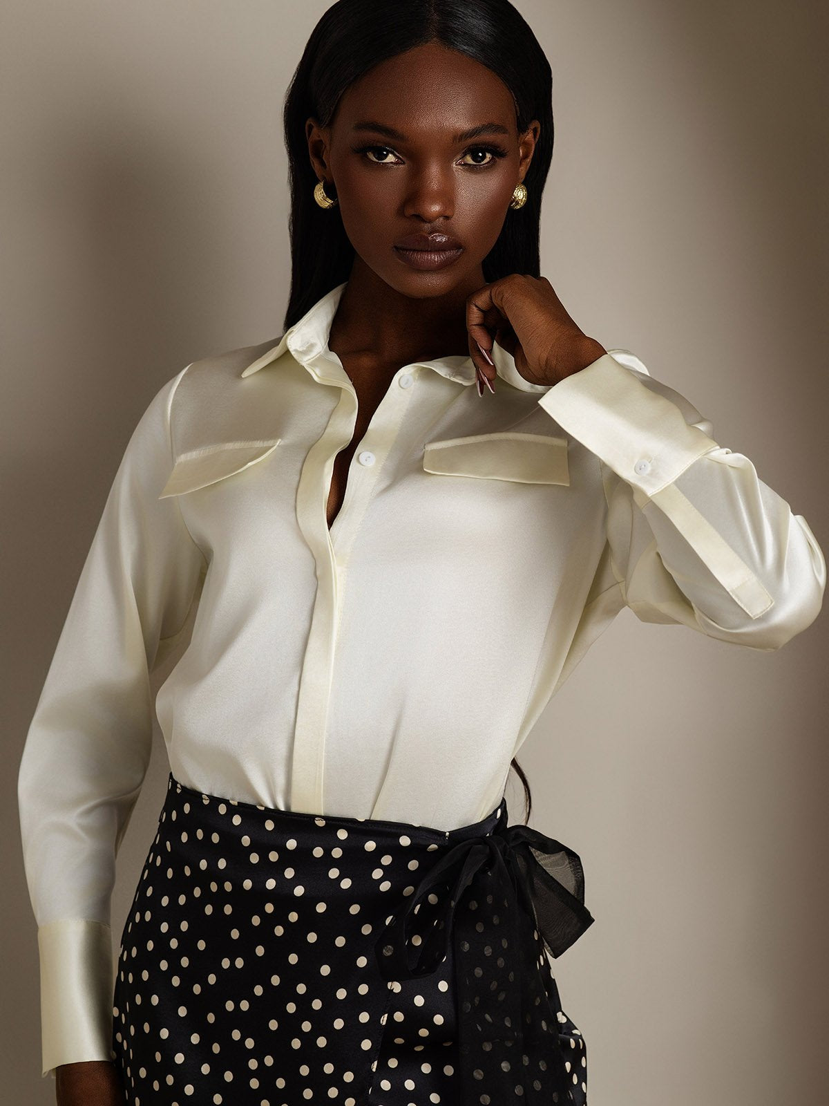 SilkSilky-AU 19Momme Silk Long Sleeve Collar Women's Shirt Ivory 003