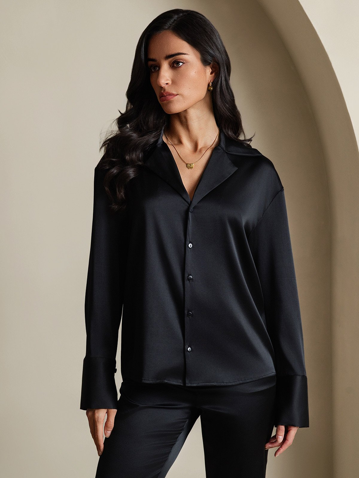 SilkSilky-AU 19Momme Silk Long Sleeve Lapel Women's Shirt Black 004