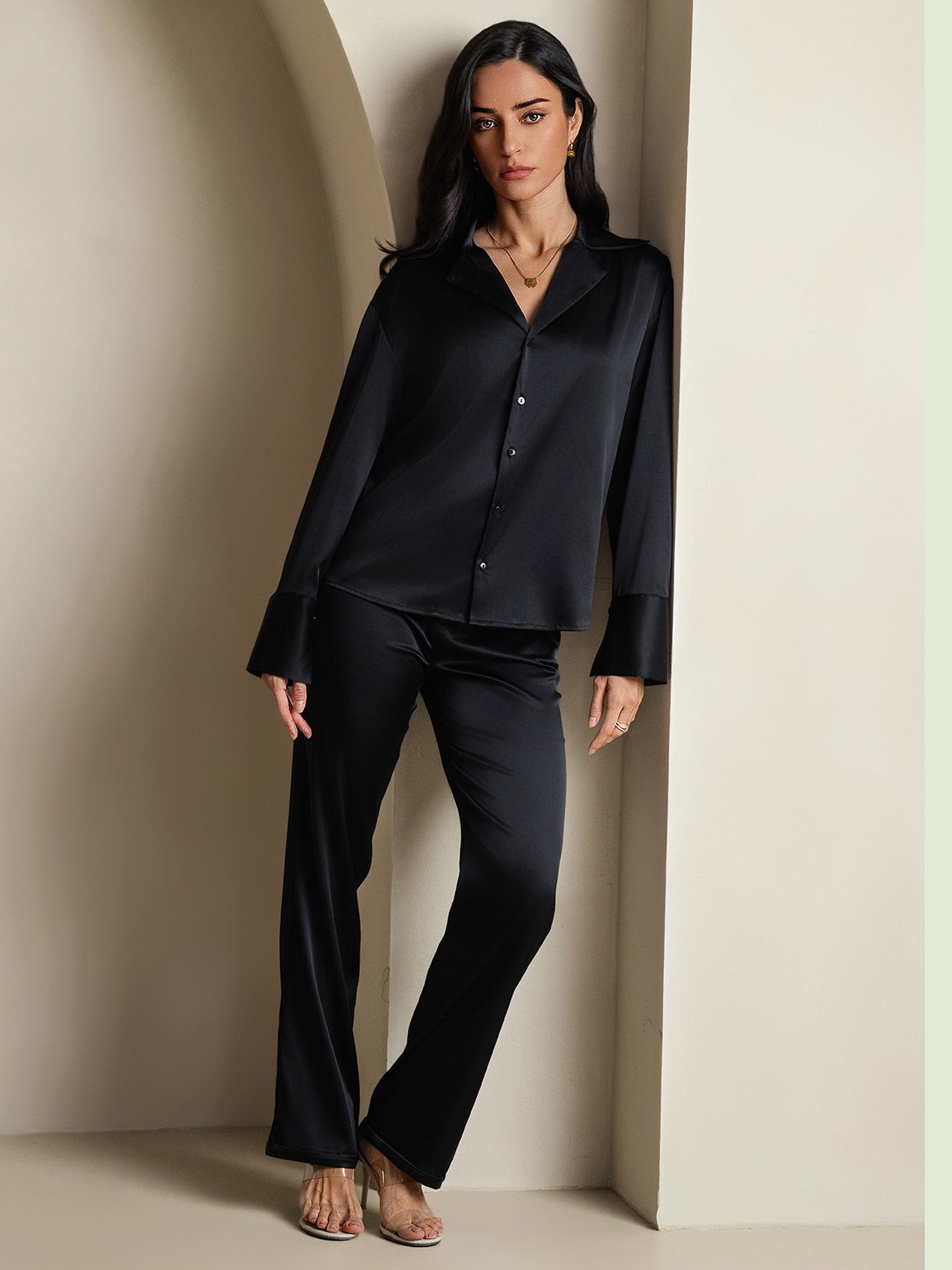 SilkSilky-AU 19Momme Silk Long Sleeve Lapel Women's Shirt Black 008