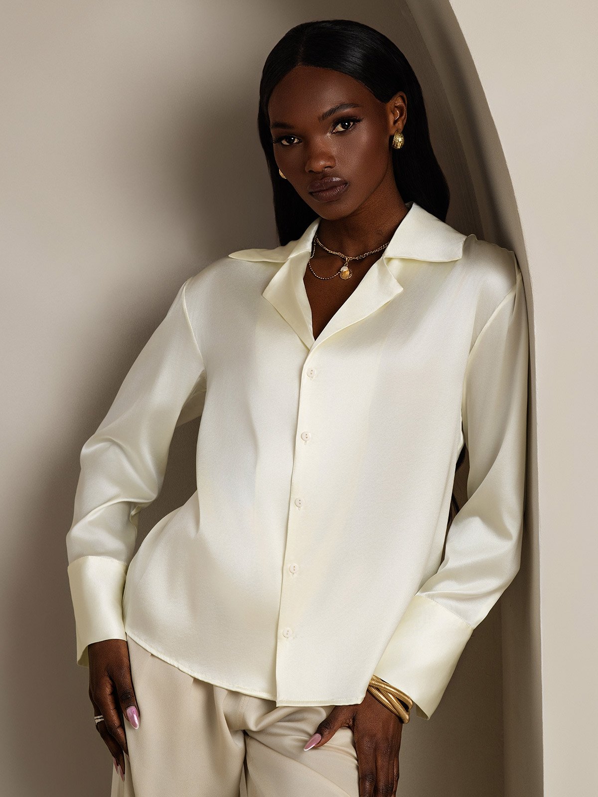 SilkSilky-AU 19Momme Silk Long Sleeve Lapel Women's Shirt Ivory 001