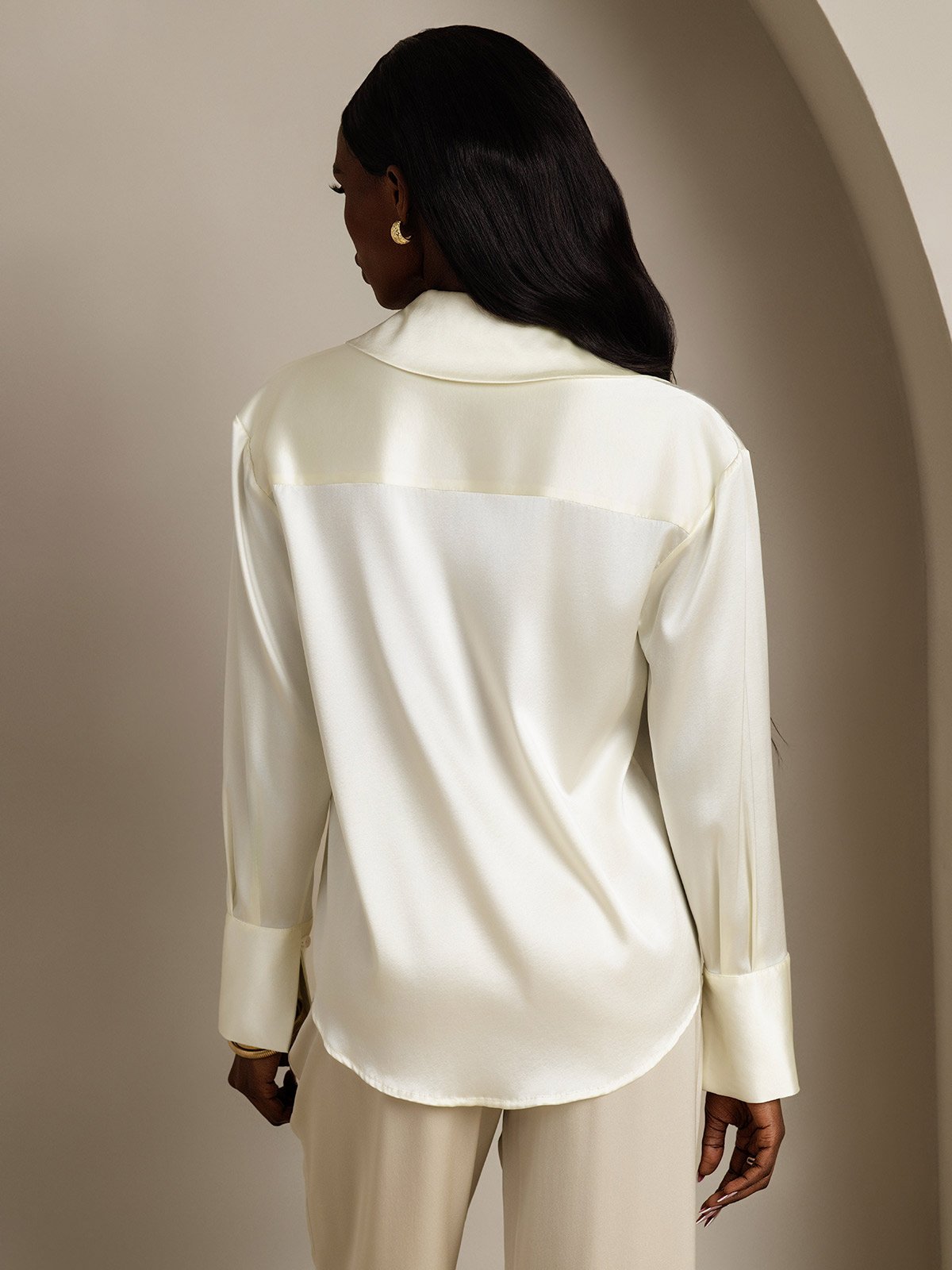 SilkSilky-AU 19Momme Silk Long Sleeve Lapel Women's Shirt Ivory 002