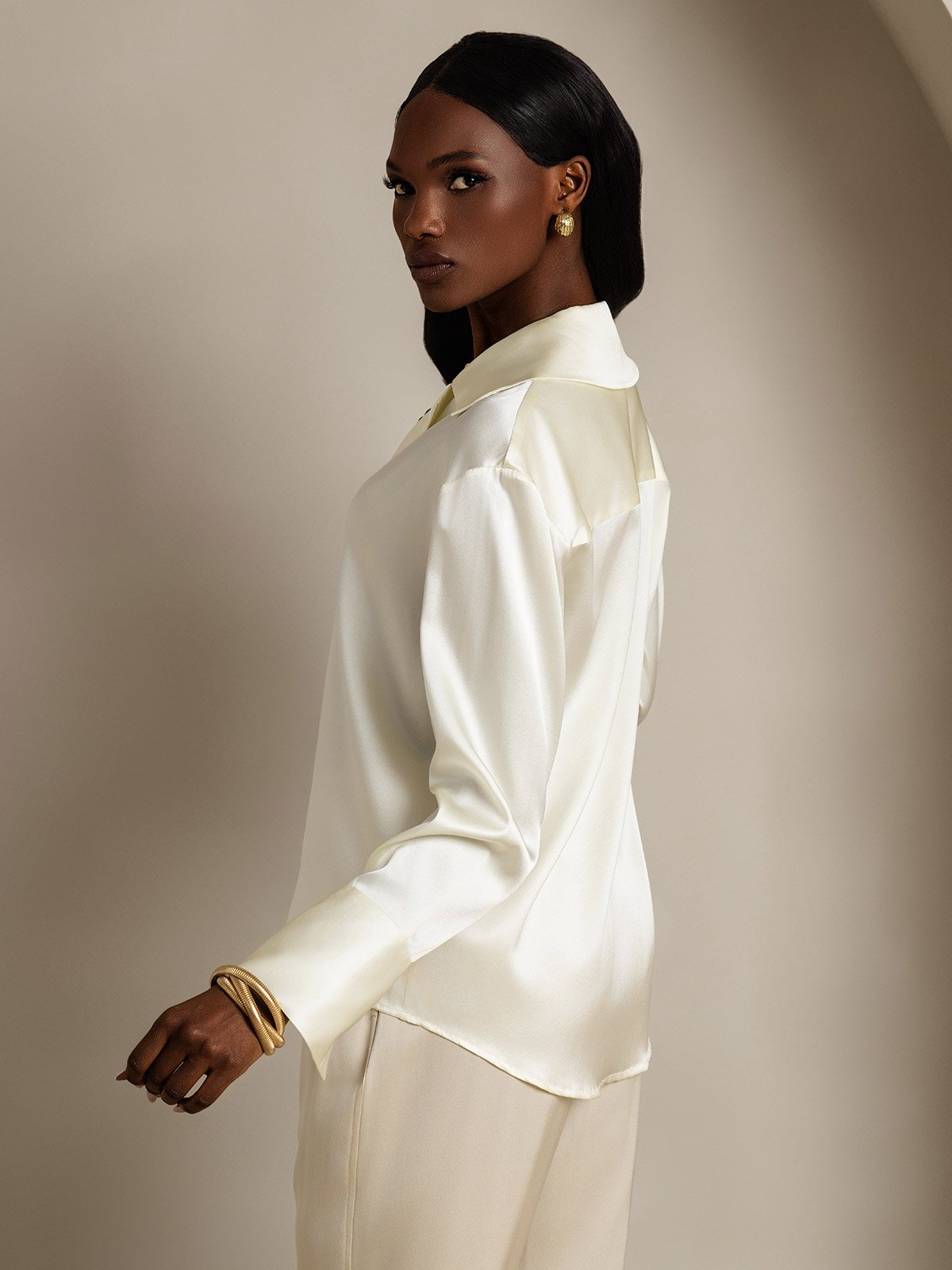 SilkSilky-AU 19Momme Silk Long Sleeve Lapel Women's Shirt Ivory 004