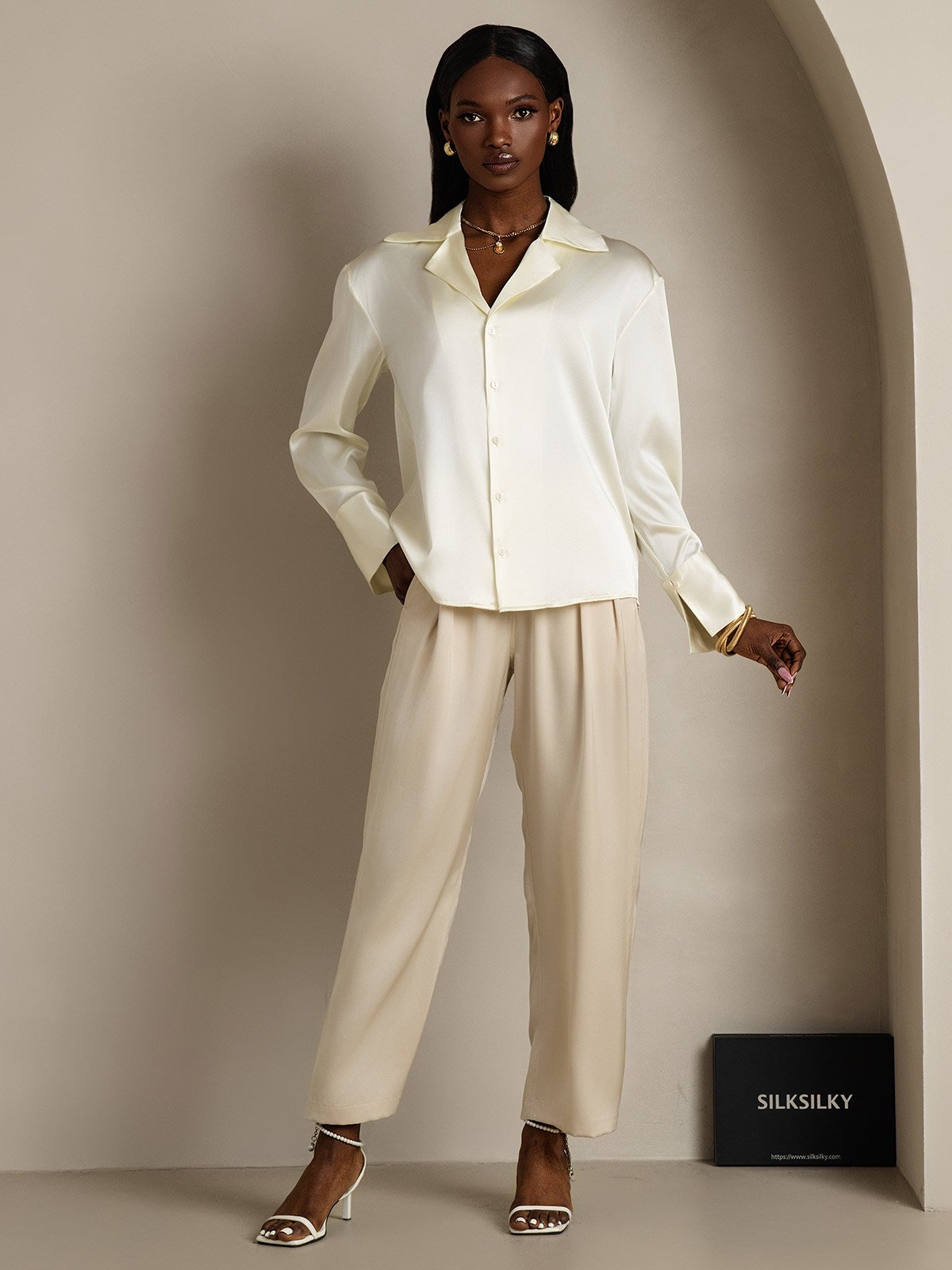SilkSilky-AU 19Momme Silk Long Sleeve Lapel Women's Shirt Ivory 005