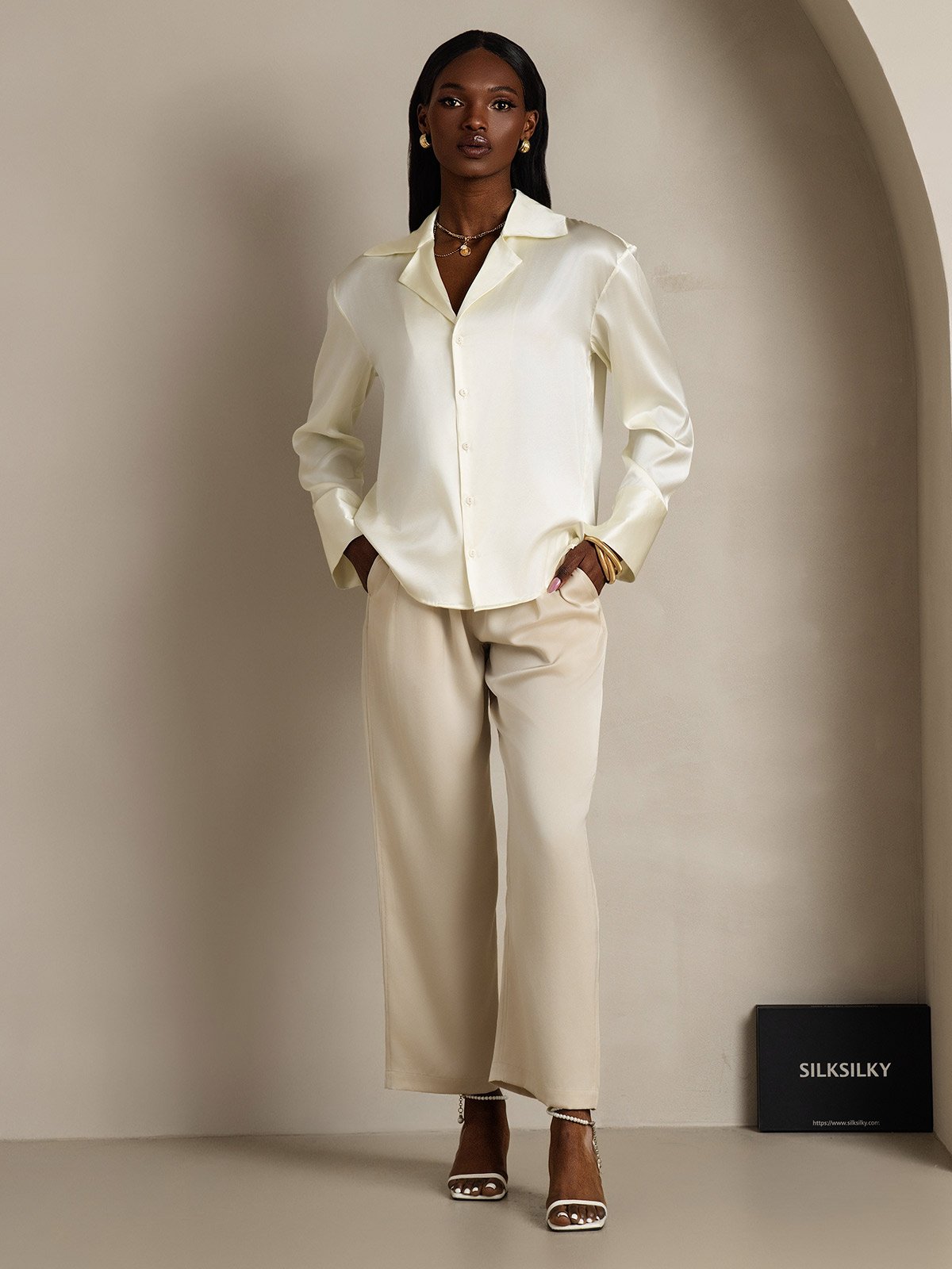 SilkSilky-AU 19Momme Silk Long Sleeve Lapel Women's Shirt Ivory 006