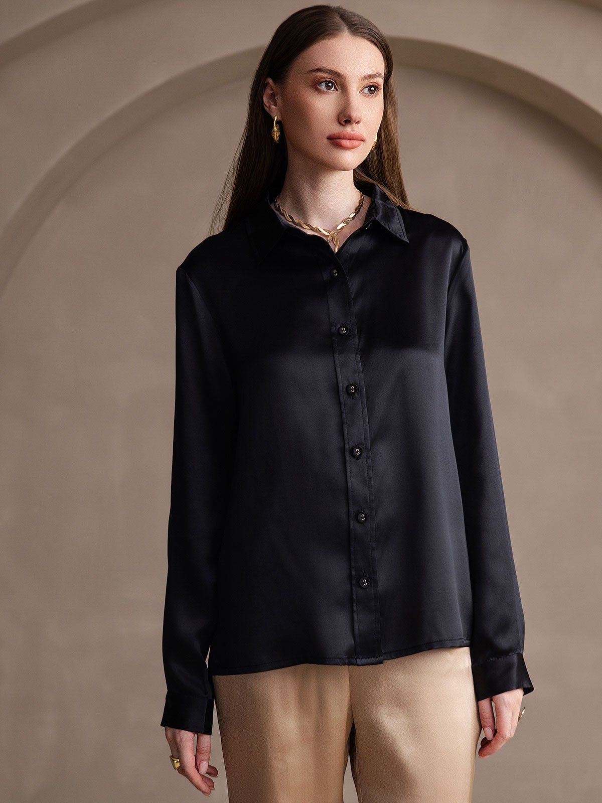 [Black] SilkSilky-AU 19Momme Stretch Silk Charmeuse Long Sleeve Lapel Collar Women's Shirt 001