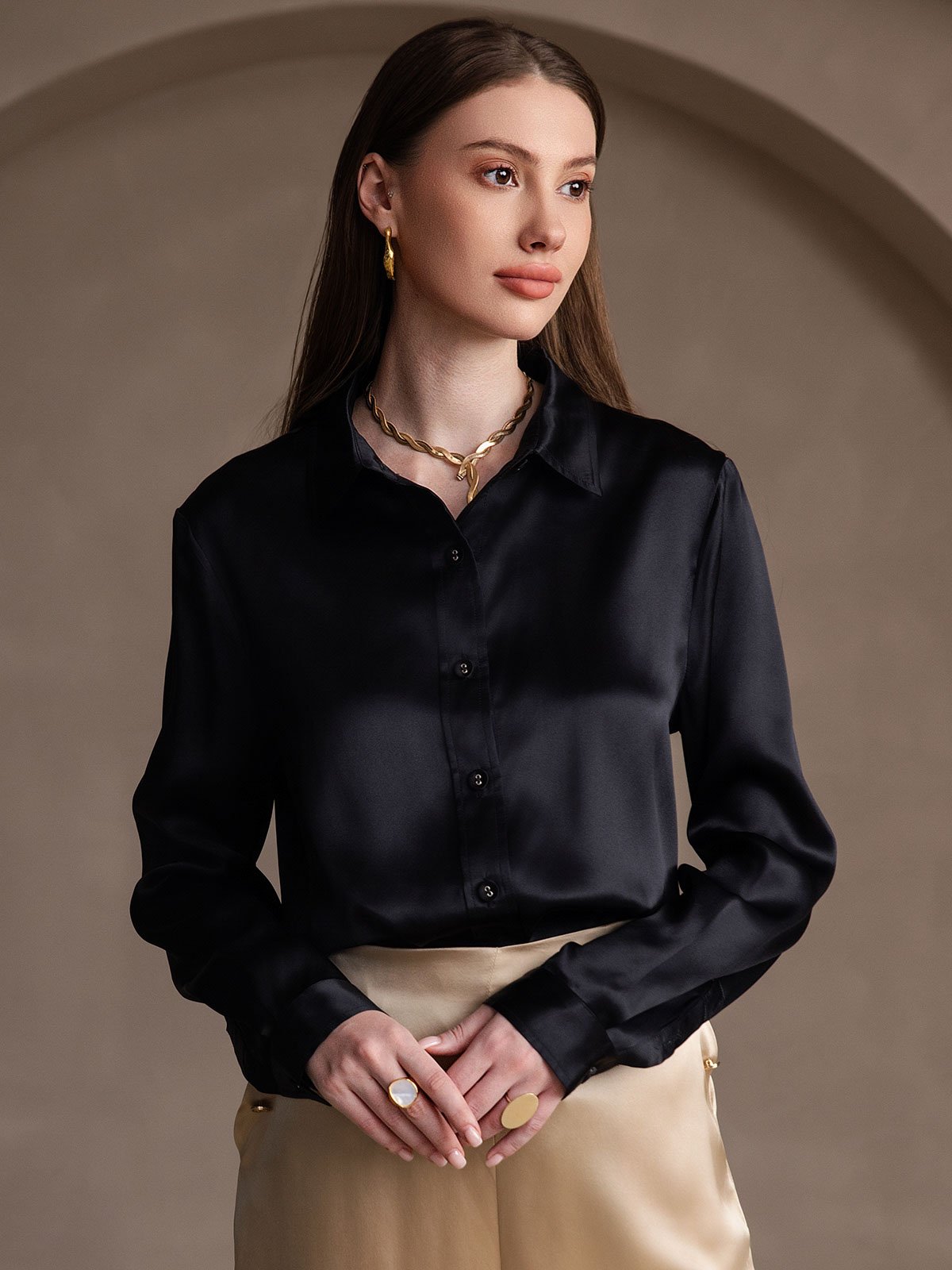 [Black] SilkSilky-AU 19Momme Stretch Silk Charmeuse Long Sleeve Lapel Collar Women's Shirt 002