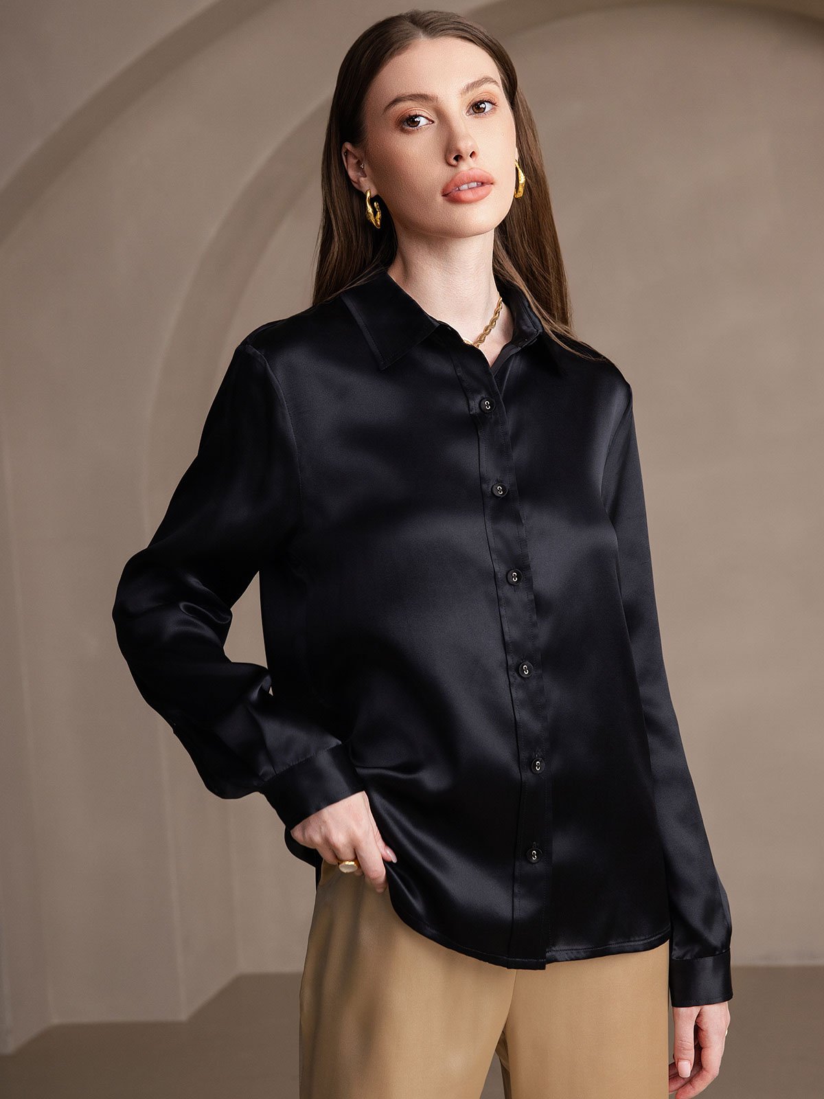 [Black] SilkSilky-AU 19Momme Stretch Silk Charmeuse Long Sleeve Lapel Collar Women's Shirt 003