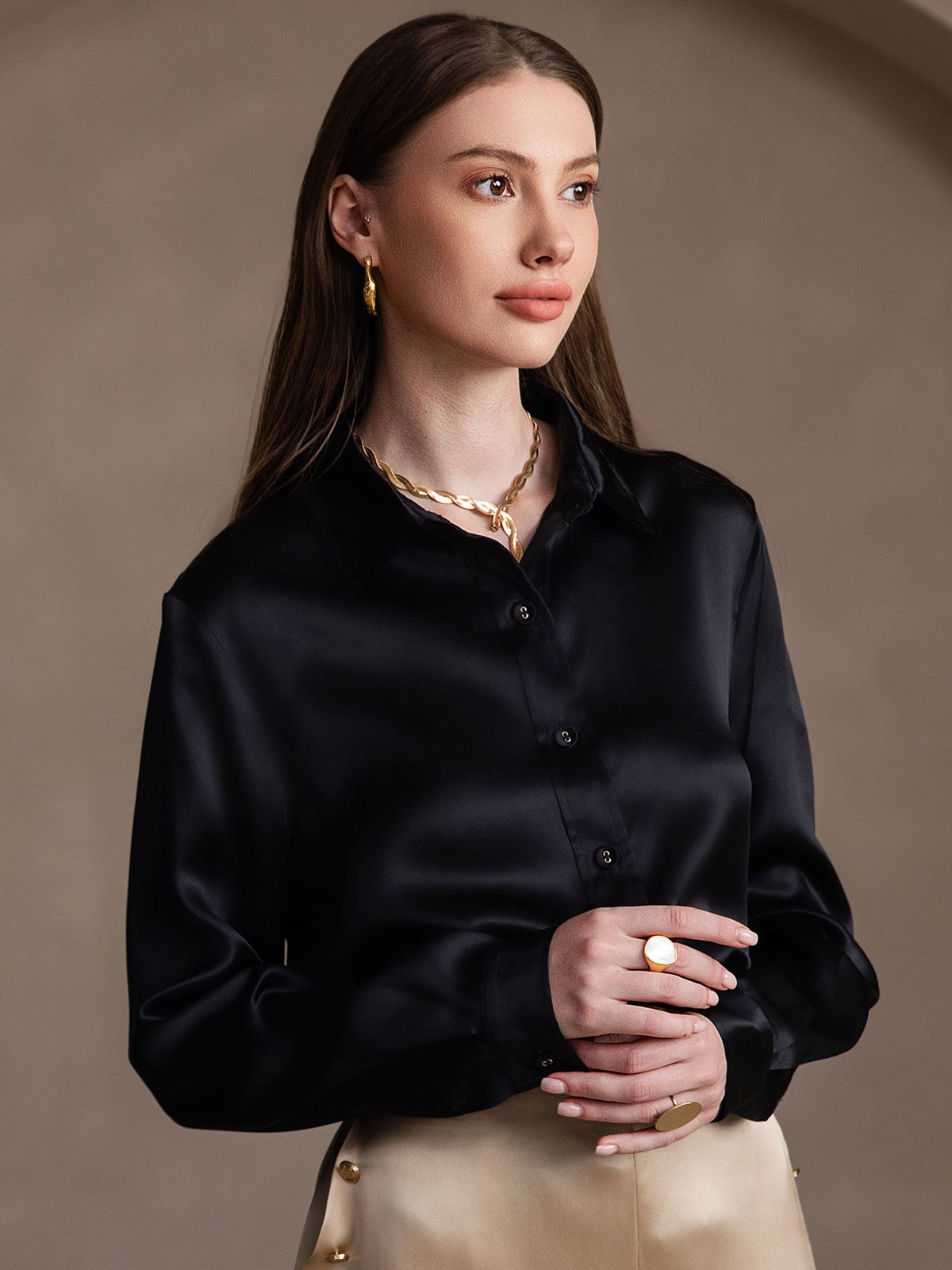 [Black] SilkSilky-AU 19Momme Stretch Silk Charmeuse Long Sleeve Lapel Collar Women's Shirt 004