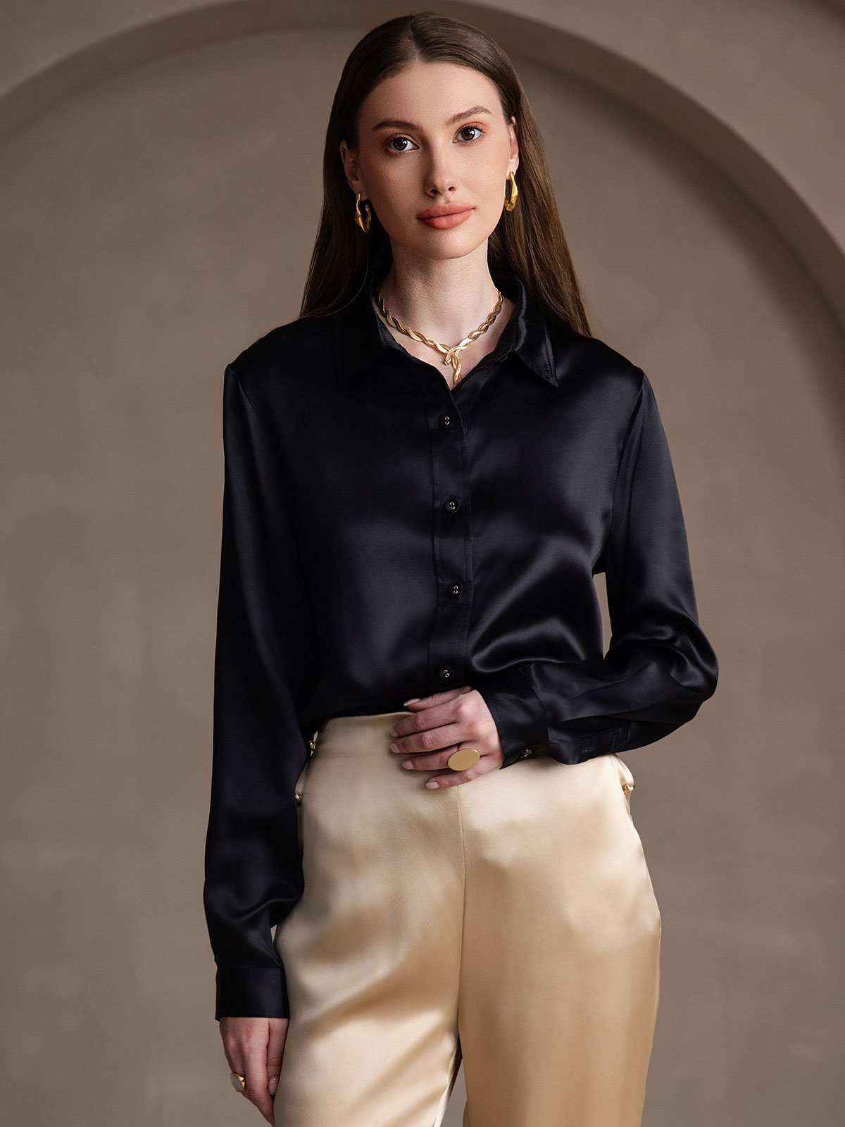 [Black] SilkSilky-AU 19Momme Stretch Silk Charmeuse Long Sleeve Lapel Collar Women's Shirt 005