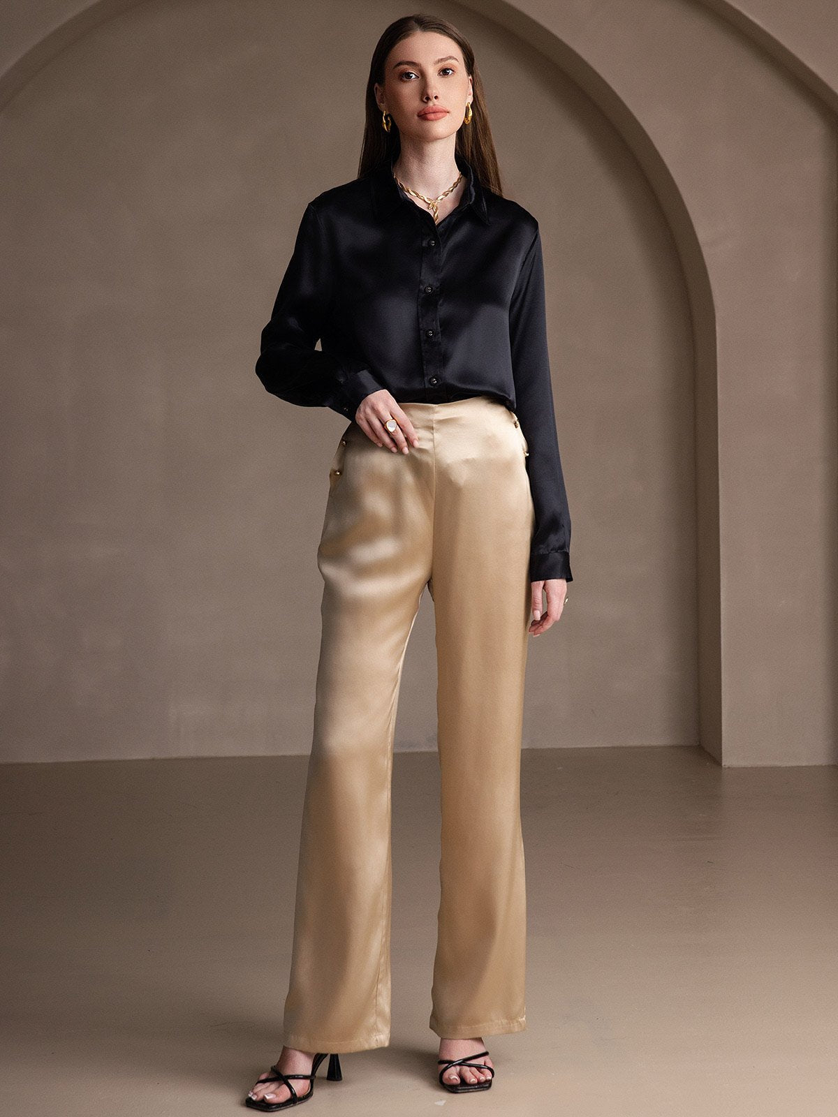 [Black] SilkSilky-AU 19Momme Stretch Silk Charmeuse Long Sleeve Lapel Collar Women's Shirt 006