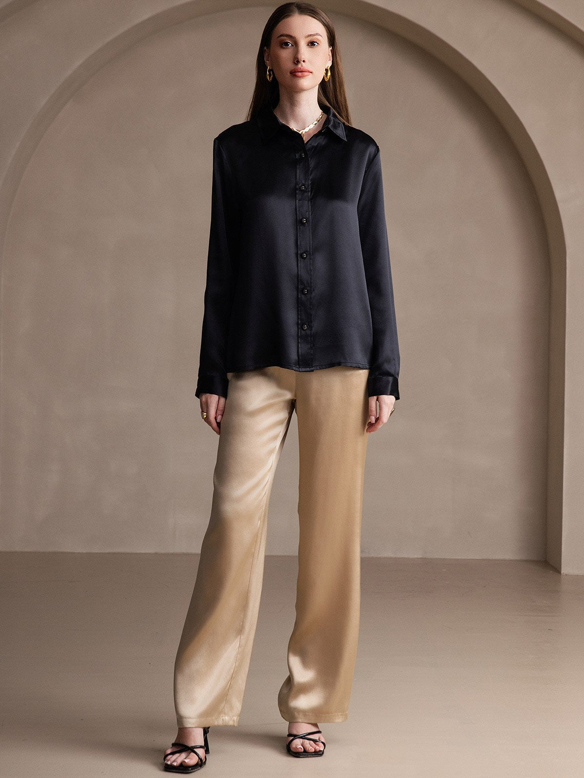 [Black] SilkSilky-AU 19Momme Stretch Silk Charmeuse Long Sleeve Lapel Collar Women's Shirt 007