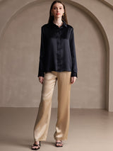 [Black] SilkSilky-AU 19Momme Stretch Silk Charmeuse Long Sleeve Lapel Collar Women's Shirt 007