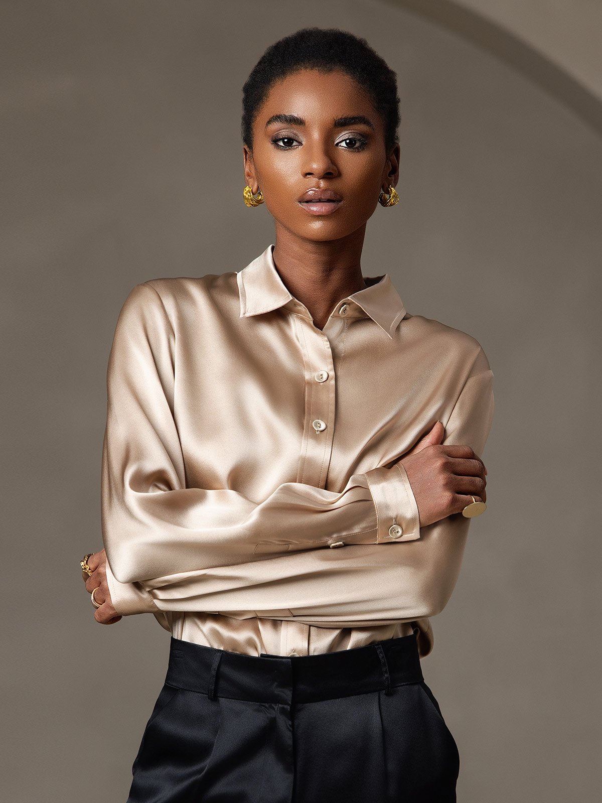 [Champagne] SilkSilky-AU Long Sleeve Lapel Collar Women's Shirt 001