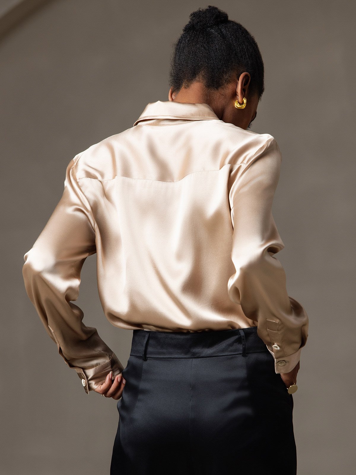 [Champagne] SilkSilky-AU 19Momme Stretch Silk Charmeuse Long Sleeve Lapel Collar Women's Shirt 002