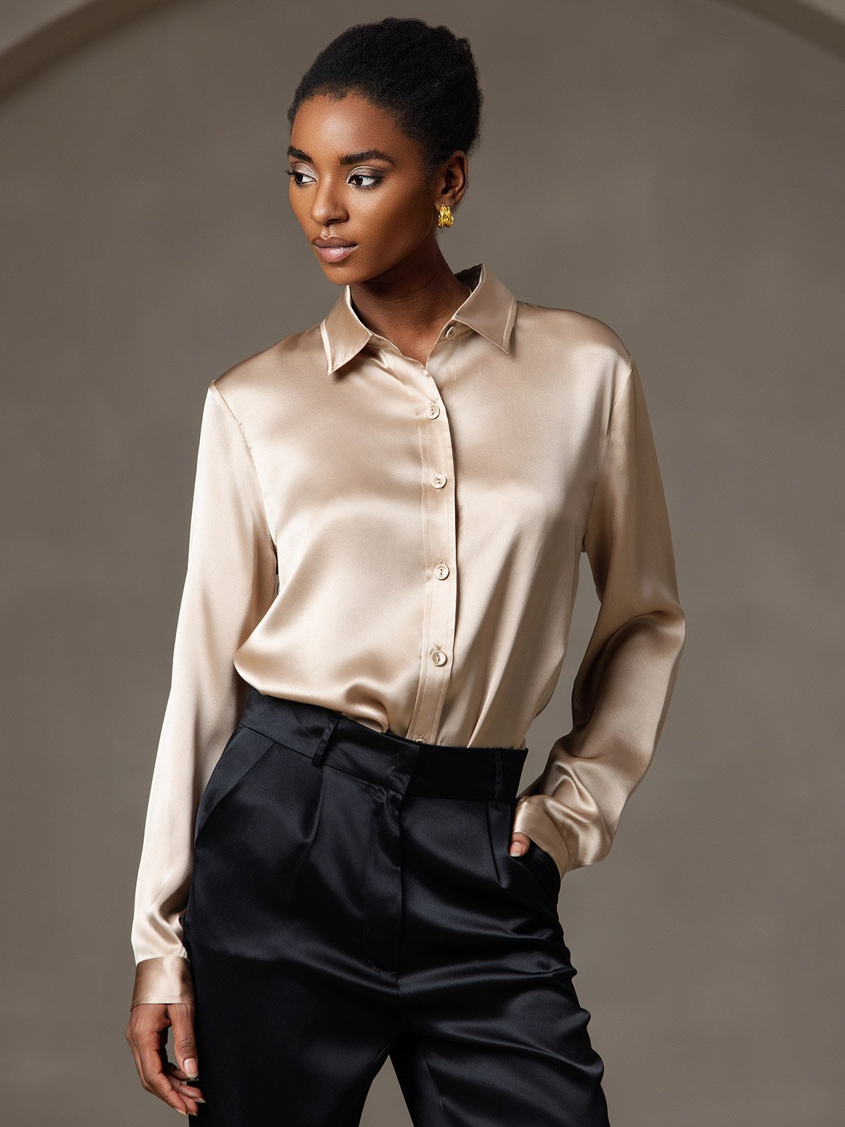 [Champagne] SilkSilky-AU 19Momme Stretch Silk Charmeuse Long Sleeve Lapel Collar Women's Shirt 003