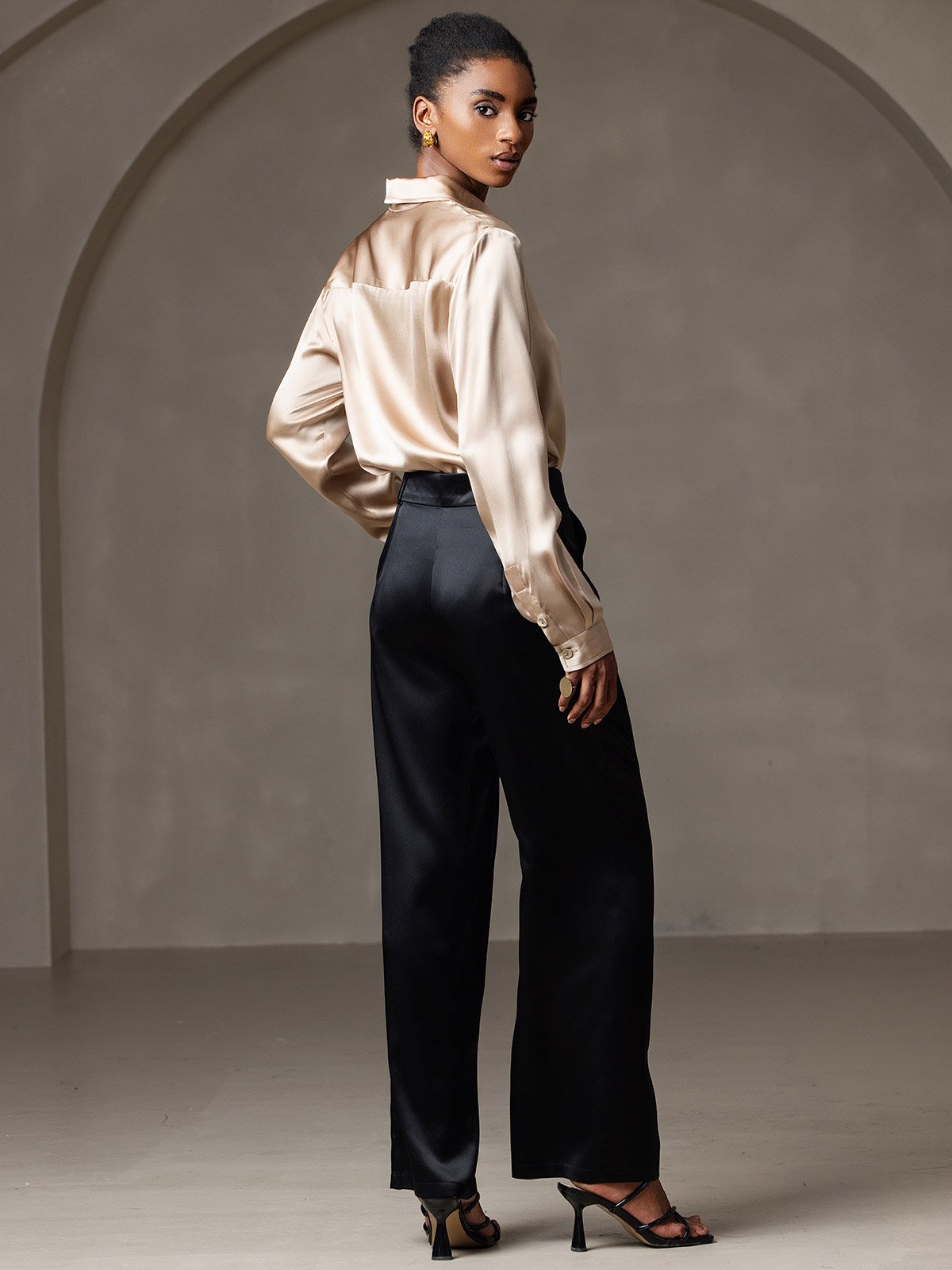 [Champagne] SilkSilky-AU 19Momme Stretch Silk Charmeuse Long Sleeve Lapel Collar Women's Shirt 004