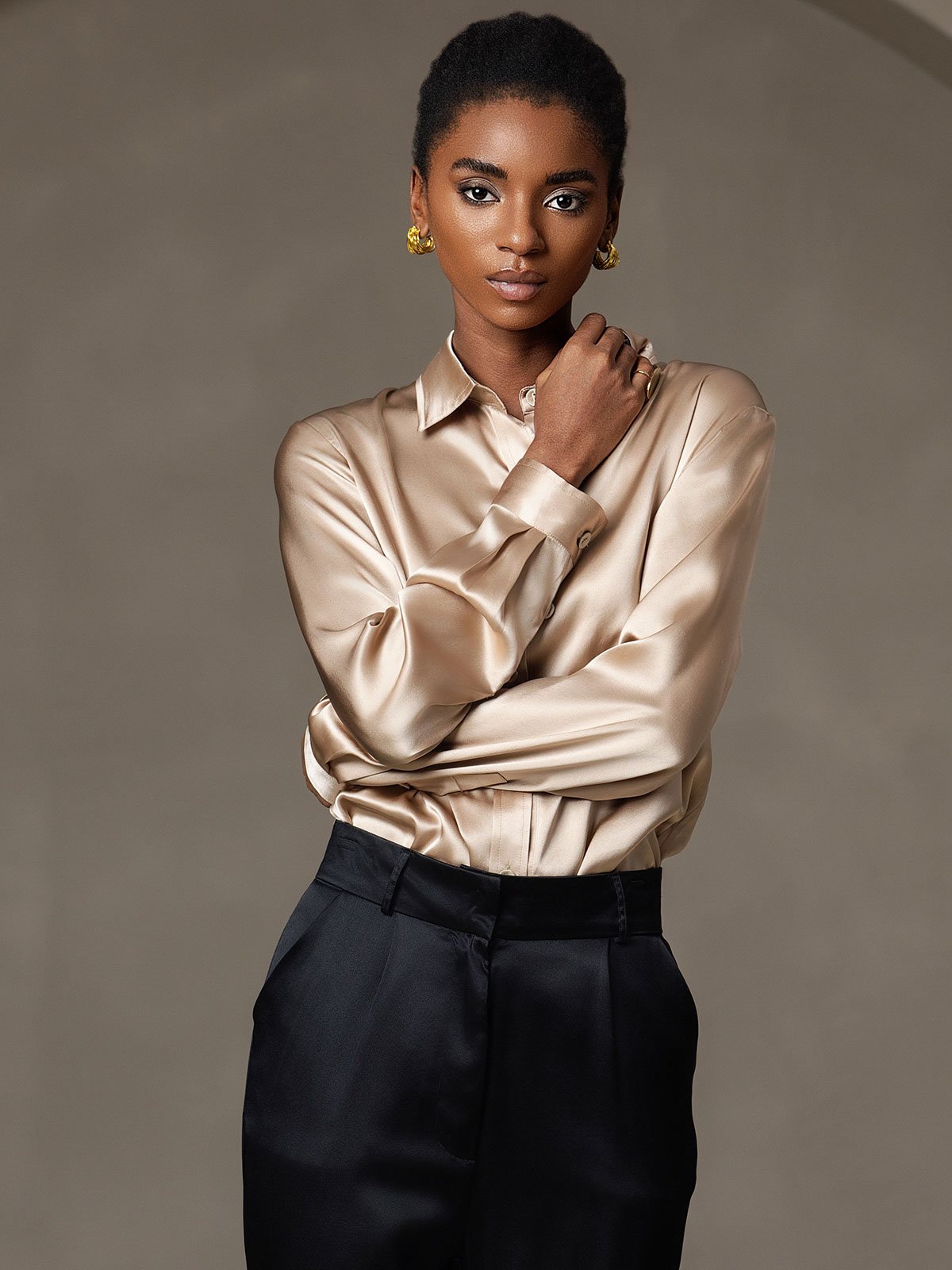 [Champagne] SilkSilky-AU 19Momme Stretch Silk Charmeuse Long Sleeve Lapel Collar Women's Shirt 005