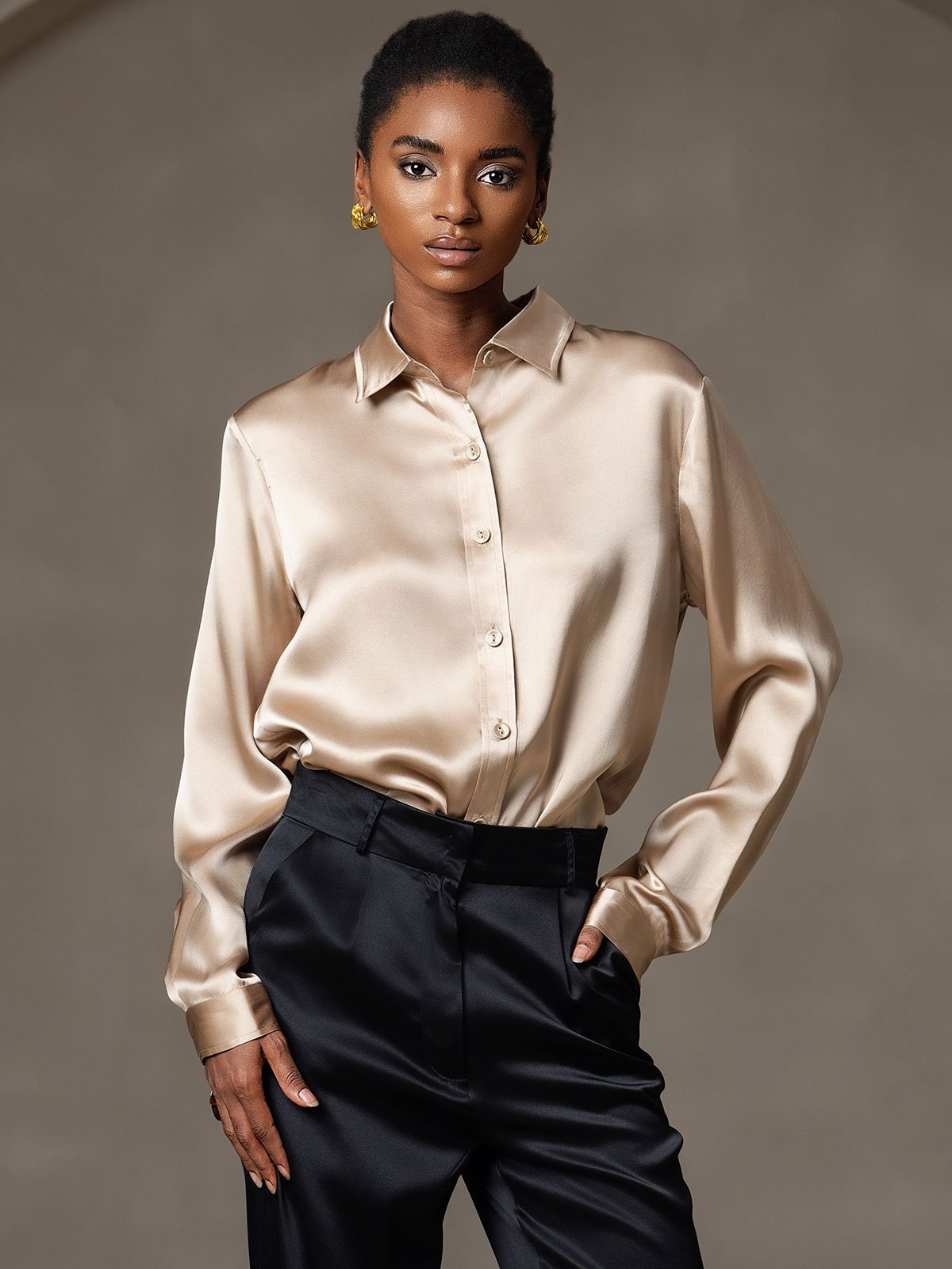 [Champagne] SilkSilky-AU 19Momme Stretch Silk Charmeuse Long Sleeve Lapel Collar Women's Shirt 006