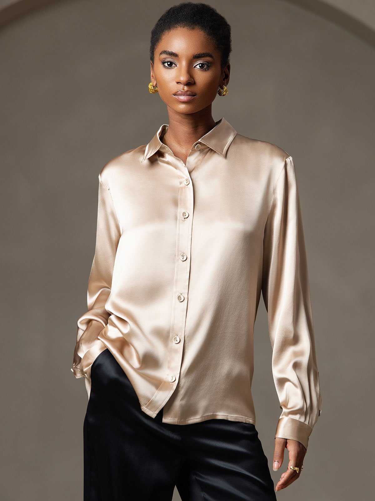 [Champagne] SilkSilky-AU 19Momme Stretch Silk Charmeuse Long Sleeve Lapel Collar Women's Shirt 007
