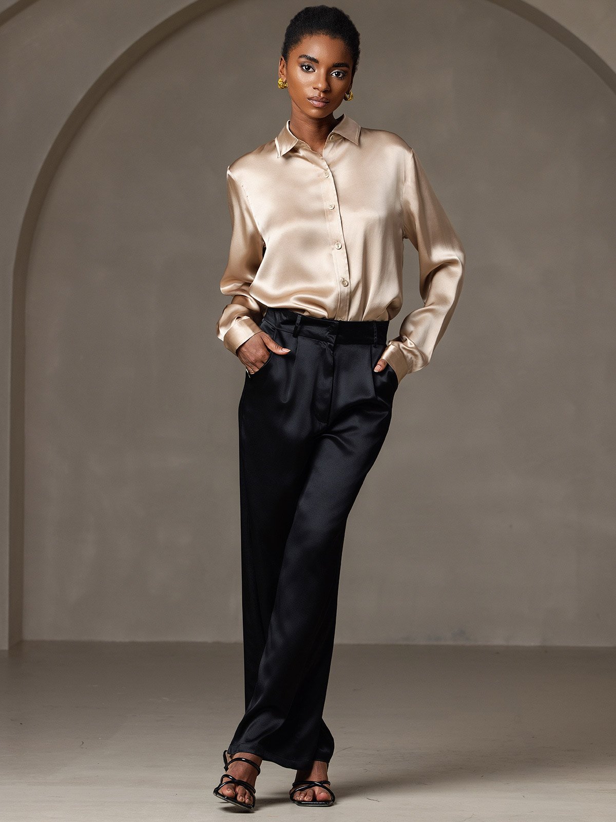 [Champagne] SilkSilky-AU 19Momme Stretch Silk Charmeuse Long Sleeve Lapel Collar Women's Shirt 009