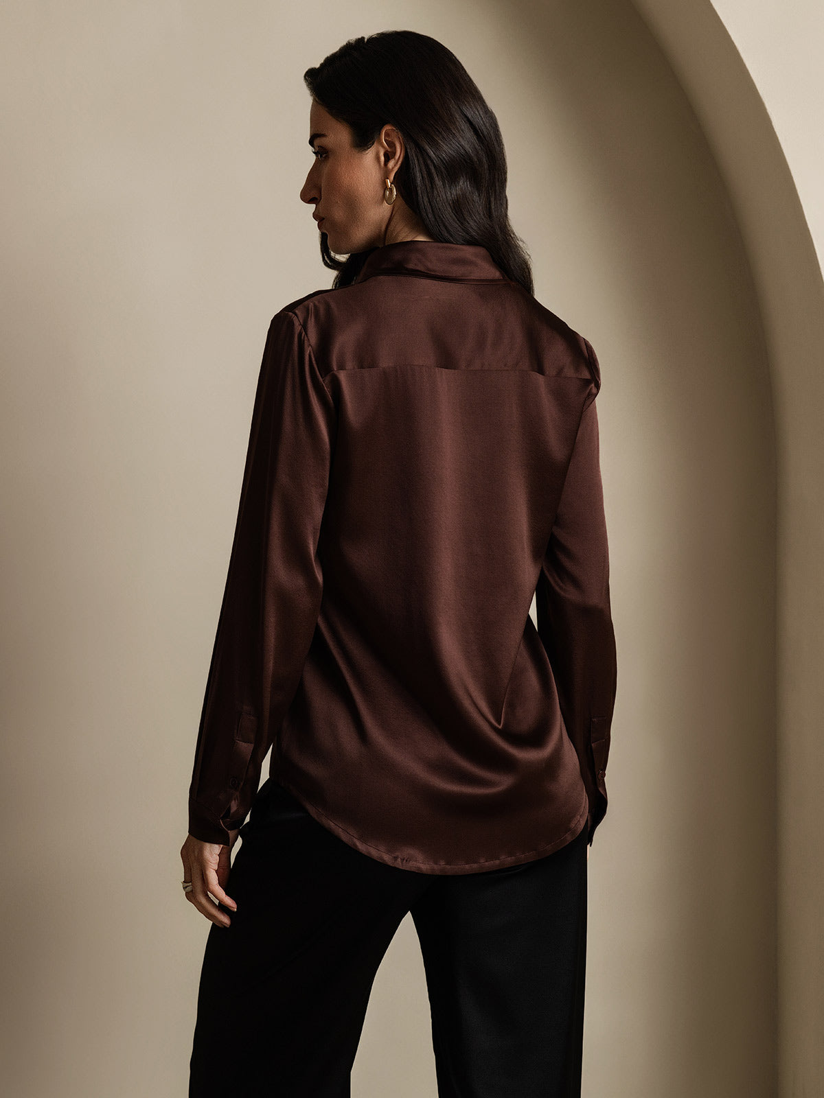 [Coffee] SilkSilky-AU 19Momme Stretch Silk Charmeuse Long Sleeve Lapel Collar Women's Shirt 002