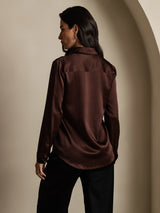 [Coffee] SilkSilky-AU 19Momme Stretch Silk Charmeuse Long Sleeve Lapel Collar Women's Shirt 002
