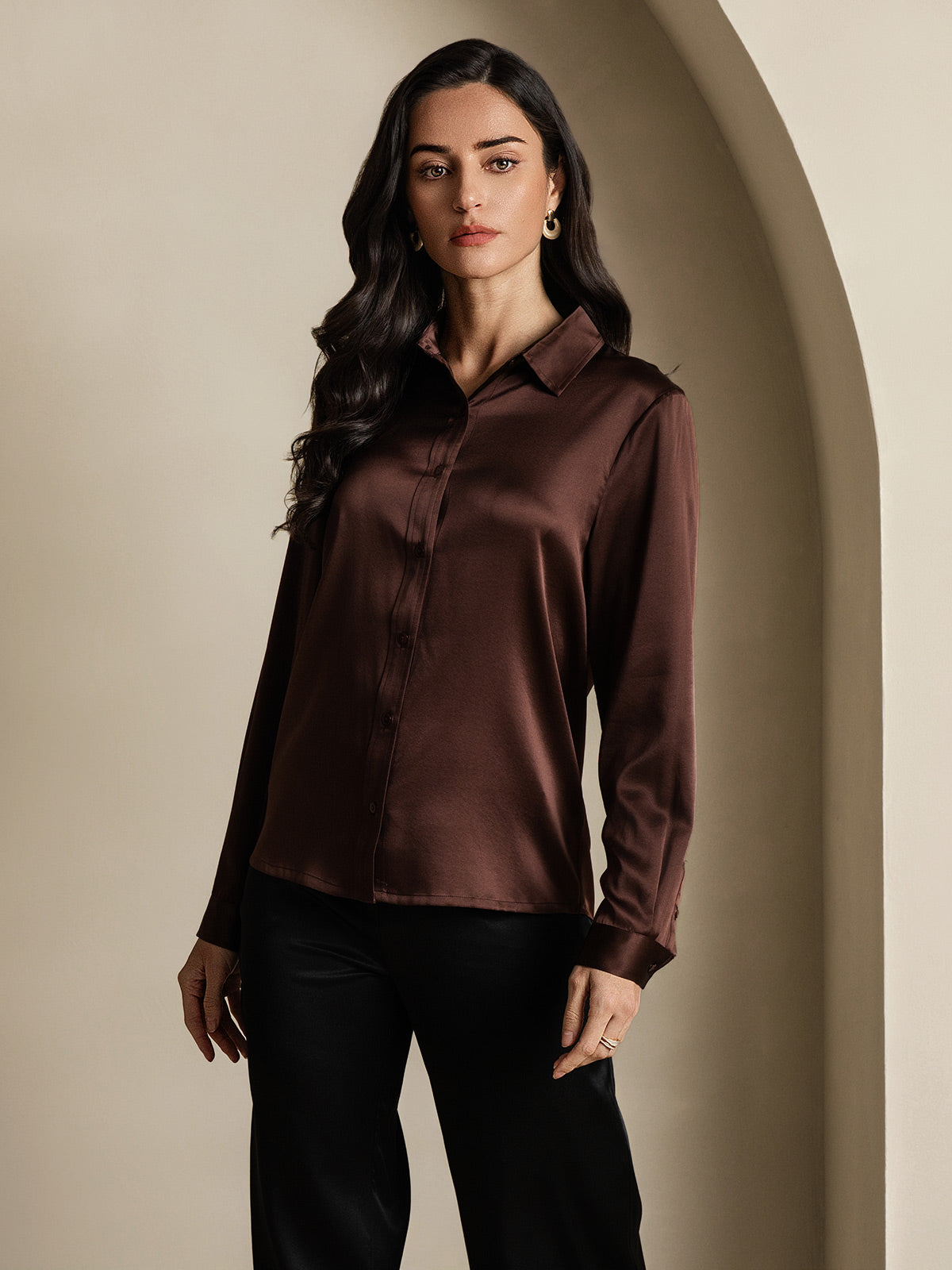 [Coffee] SilkSilky-AU 19Momme Stretch Silk Charmeuse Long Sleeve Lapel Collar Women's Shirt 003