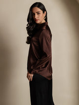 [Coffee] SilkSilky-AU 19Momme Stretch Silk Charmeuse Long Sleeve Lapel Collar Women's Shirt 004