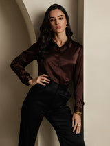 [Coffee] SilkSilky-AU 19Momme Stretch Silk Charmeuse Long Sleeve Lapel Collar Women's Shirt 005
