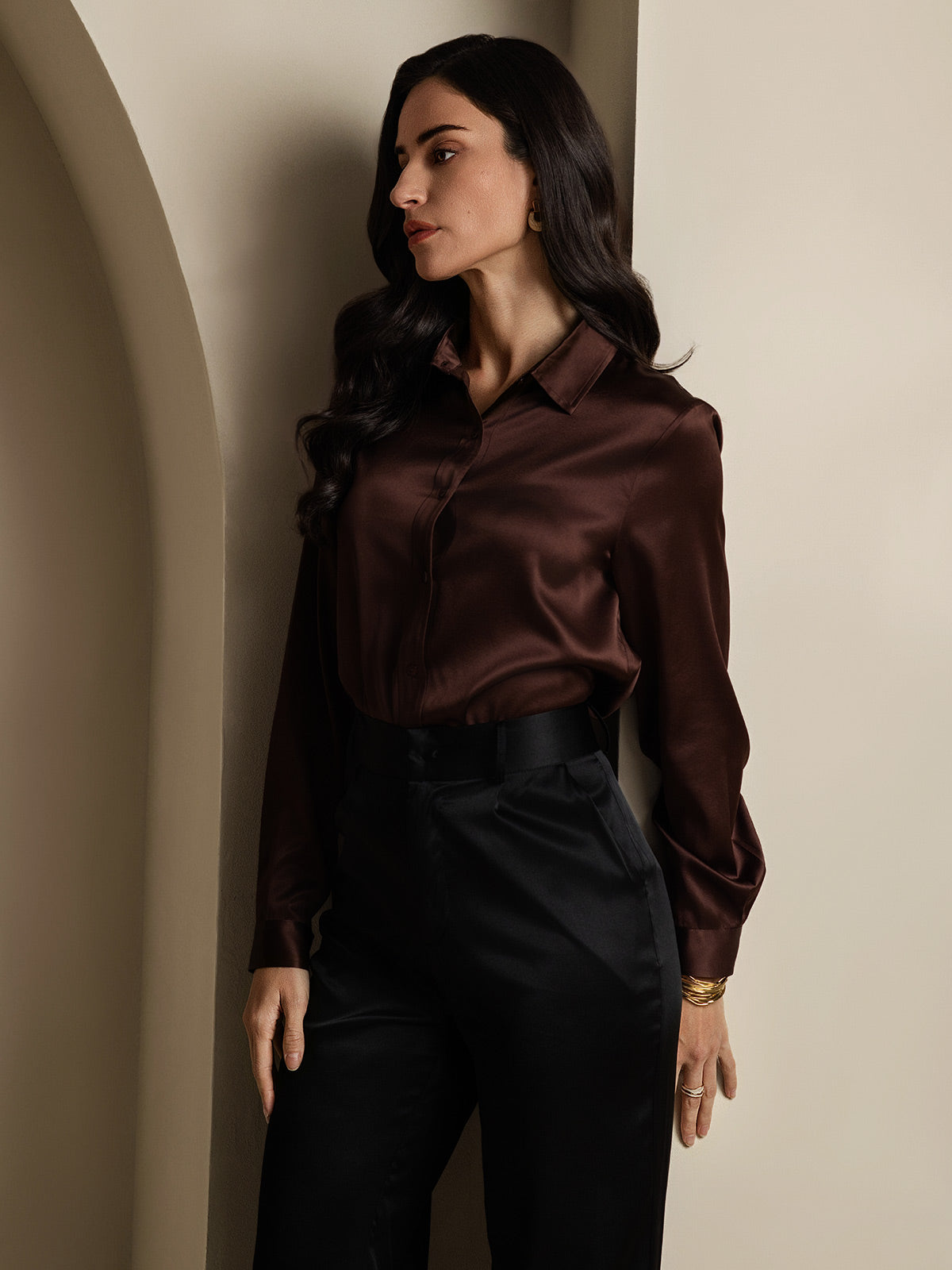 [Coffee] SilkSilky-AU 19Momme Stretch Silk Charmeuse Long Sleeve Lapel Collar Women's Shirt 006