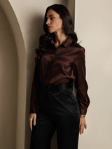 [Coffee] SilkSilky-AU 19Momme Stretch Silk Charmeuse Long Sleeve Lapel Collar Women's Shirt 006
