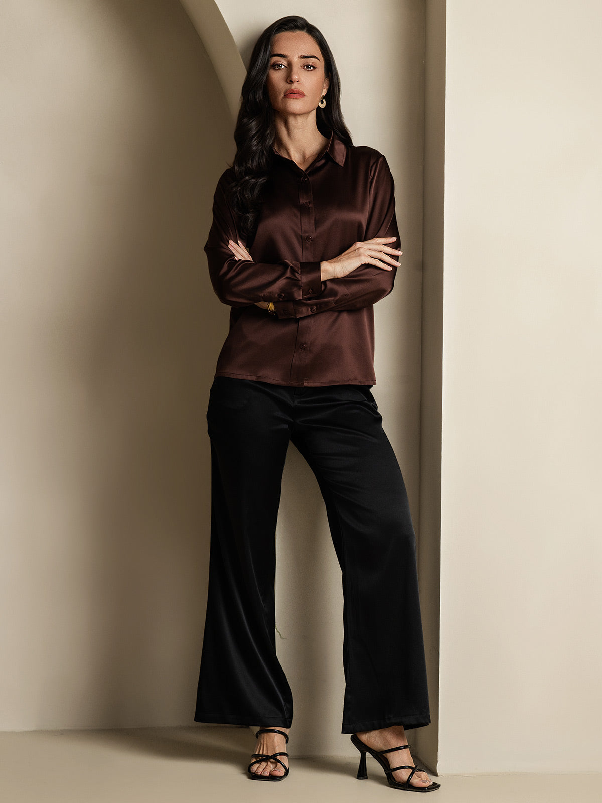 [Coffee] SilkSilky-AU 19Momme Stretch Silk Charmeuse Long Sleeve Lapel Collar Women's Shirt 007